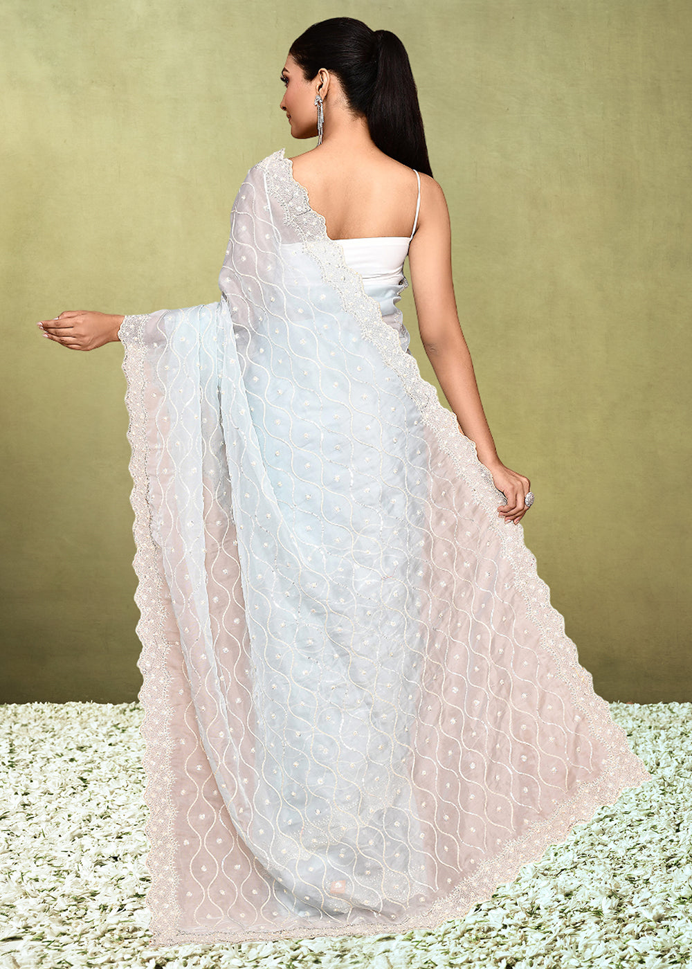 Ice Blue Organza Satin Silk Saree having Sequence with Diamond work