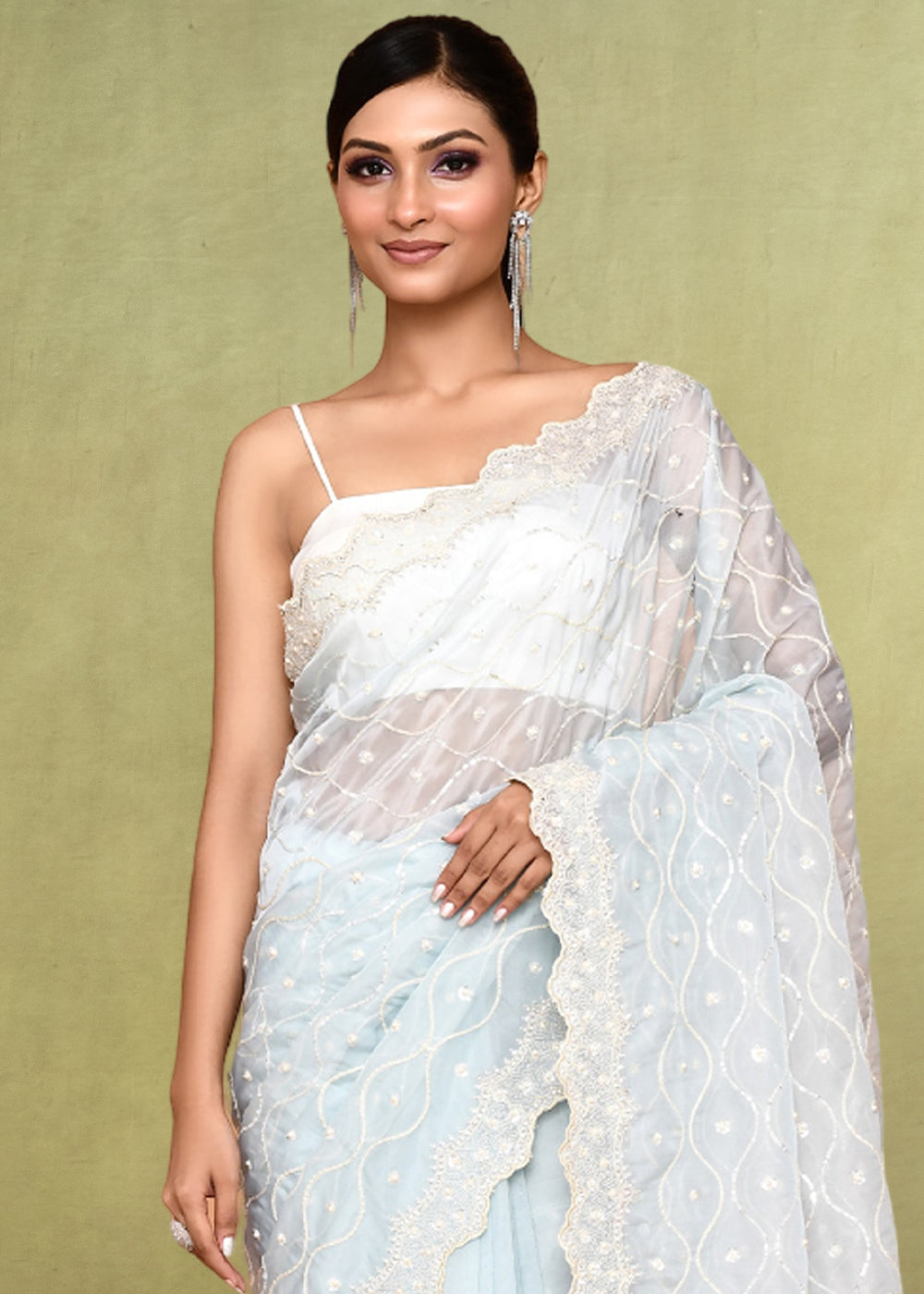 Ice Blue Organza Satin Silk Saree having Sequence with Diamond work