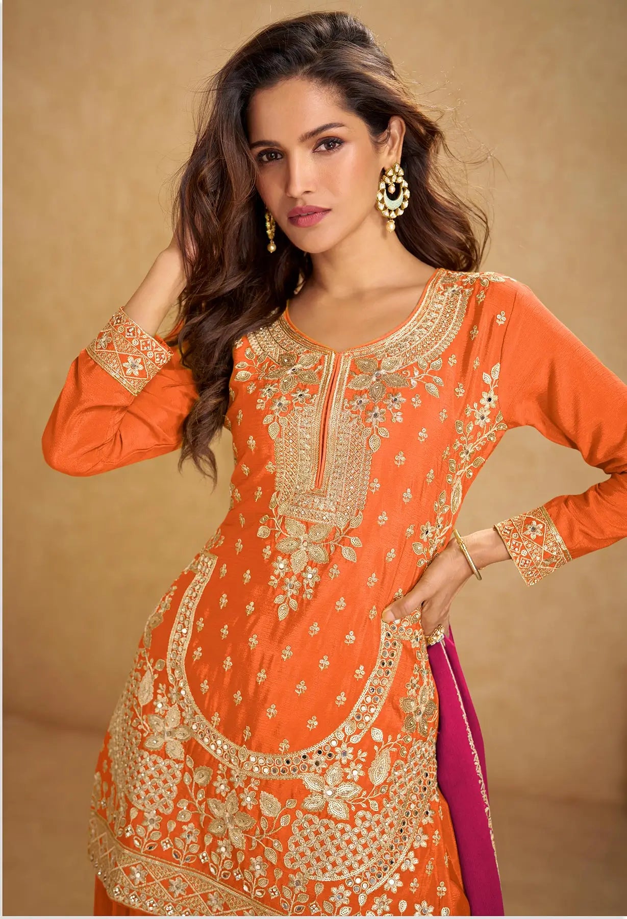 Orange Chinon Silk Palazzo Suit With Mirror & Embroidery Work - qivii