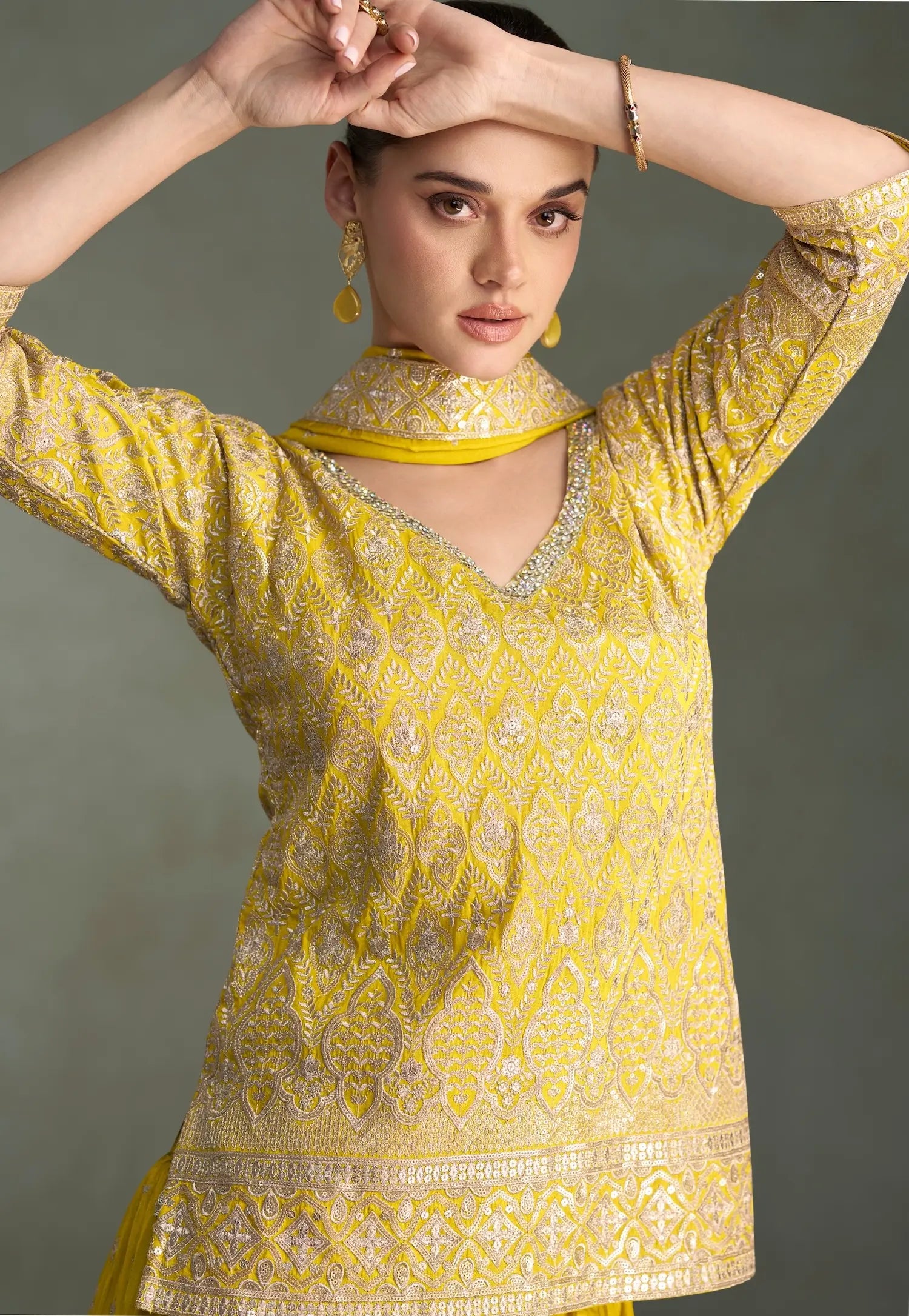 Bright Yellow Shimmer Silk Embroidery Palazzo Suit - qivii