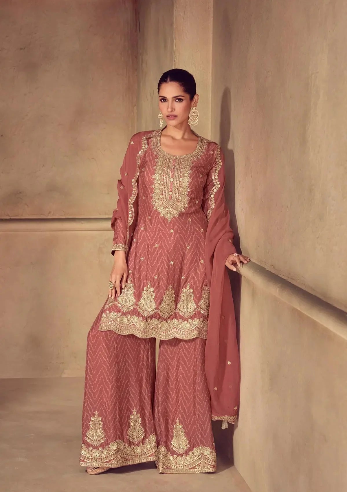 Rust Brown Chinon Silk Print & Embroidery Work Palazzo Suit - qivii