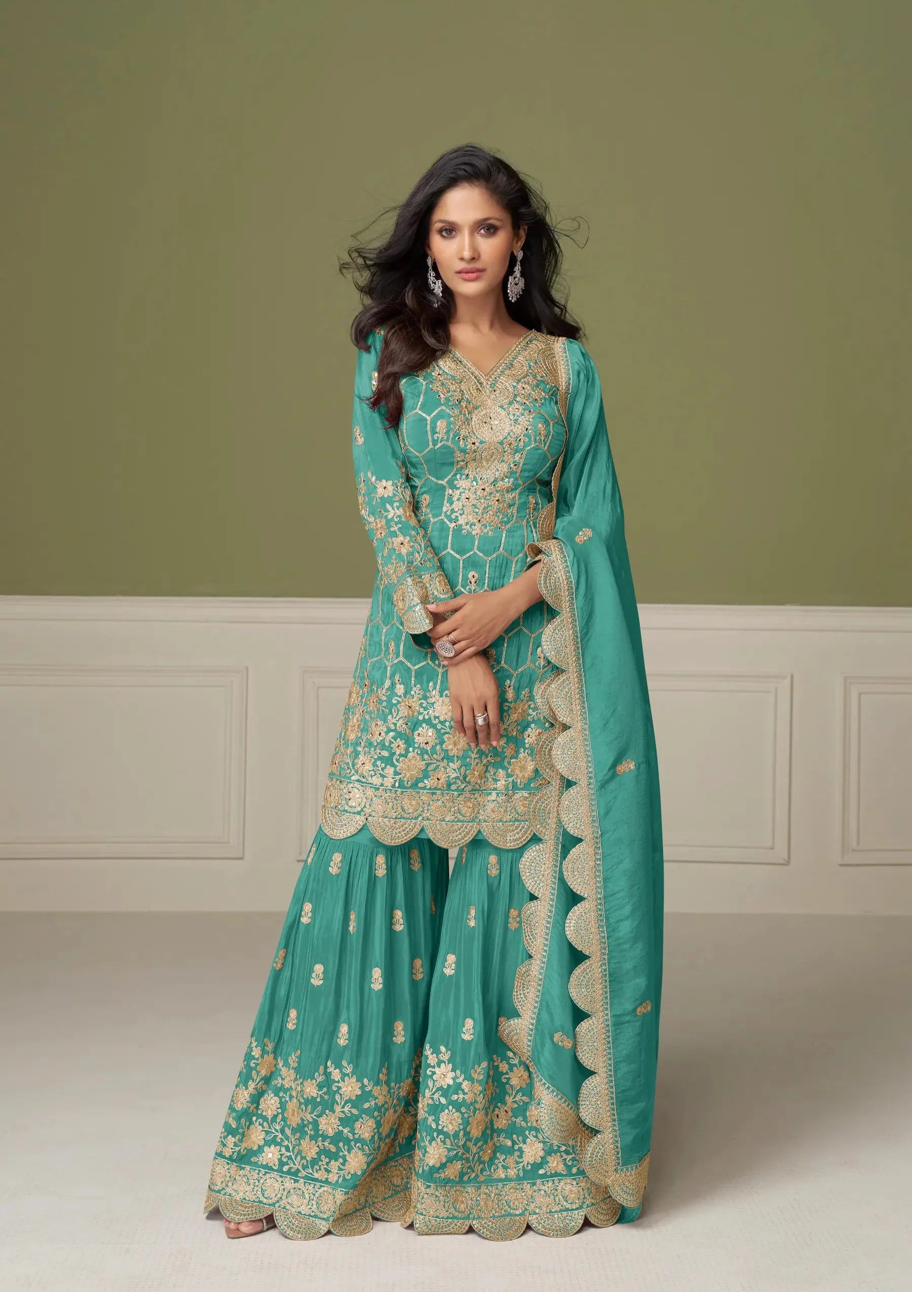 Sea Blue Shimmer Silk Sharara Suit With Mirror & Embroidery Work - qivii