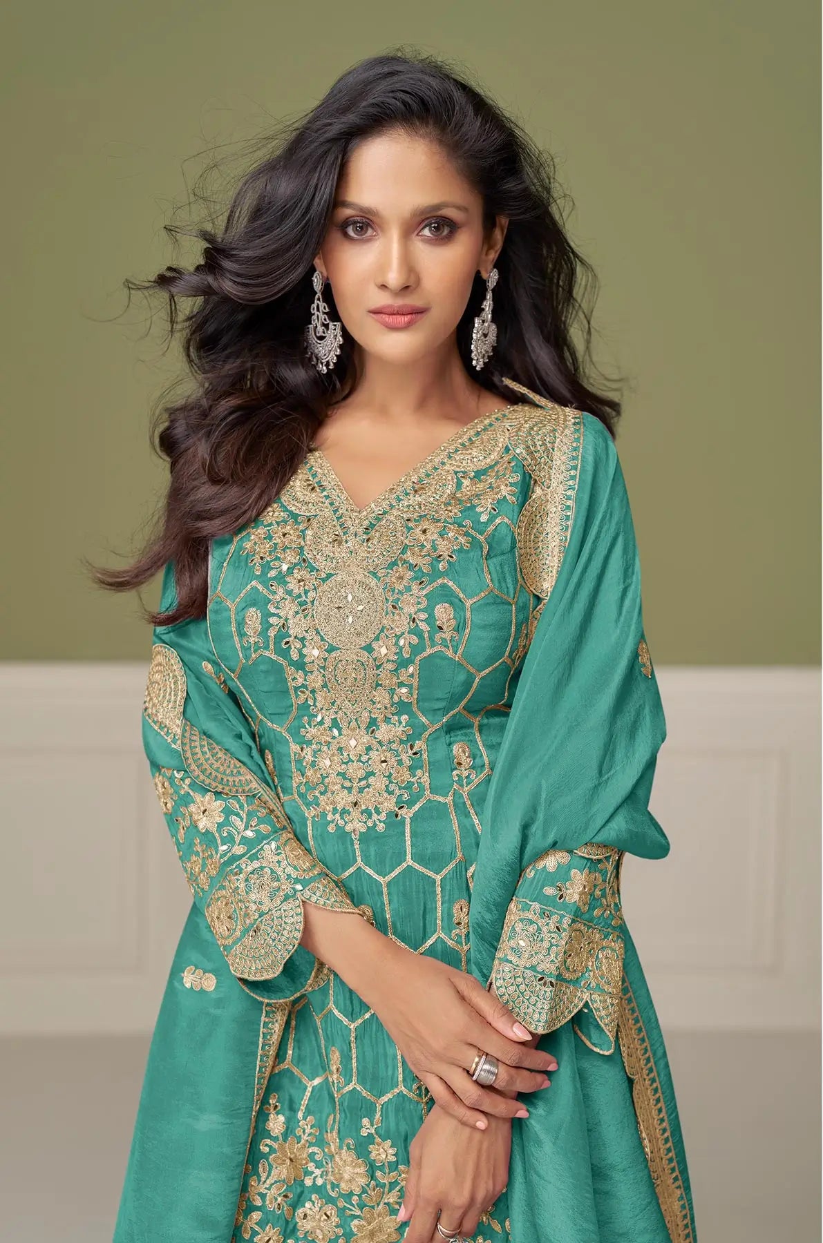 Sea Blue Shimmer Silk Sharara Suit With Mirror & Embroidery Work - qivii