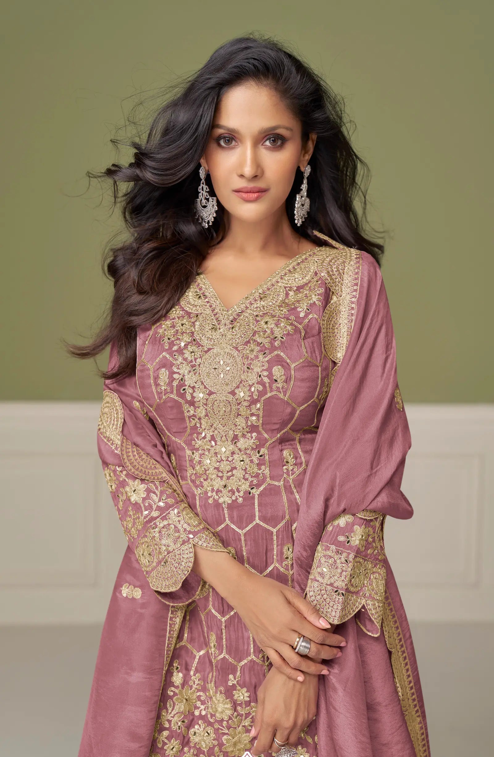 Dusty Pink Shimmer Silk Sharara Suit With Mirror & Embroidery Work - qivii