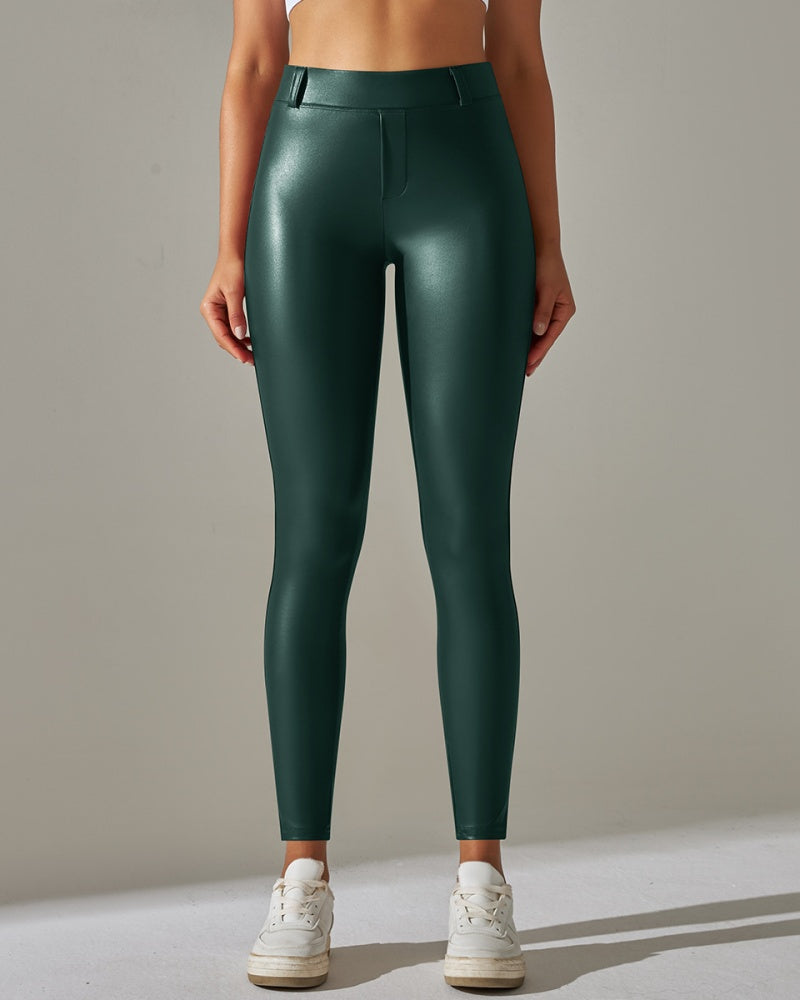 PU leather Pants High Waist Tight Sports Yoga Pants Slim  - By Qivii