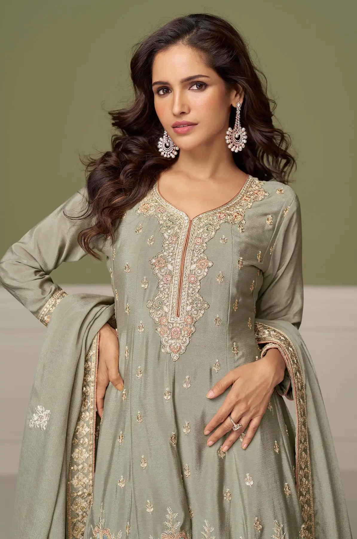 Olive Grey Chinon Silk Embroidery Work Palazzo Suit - qivii