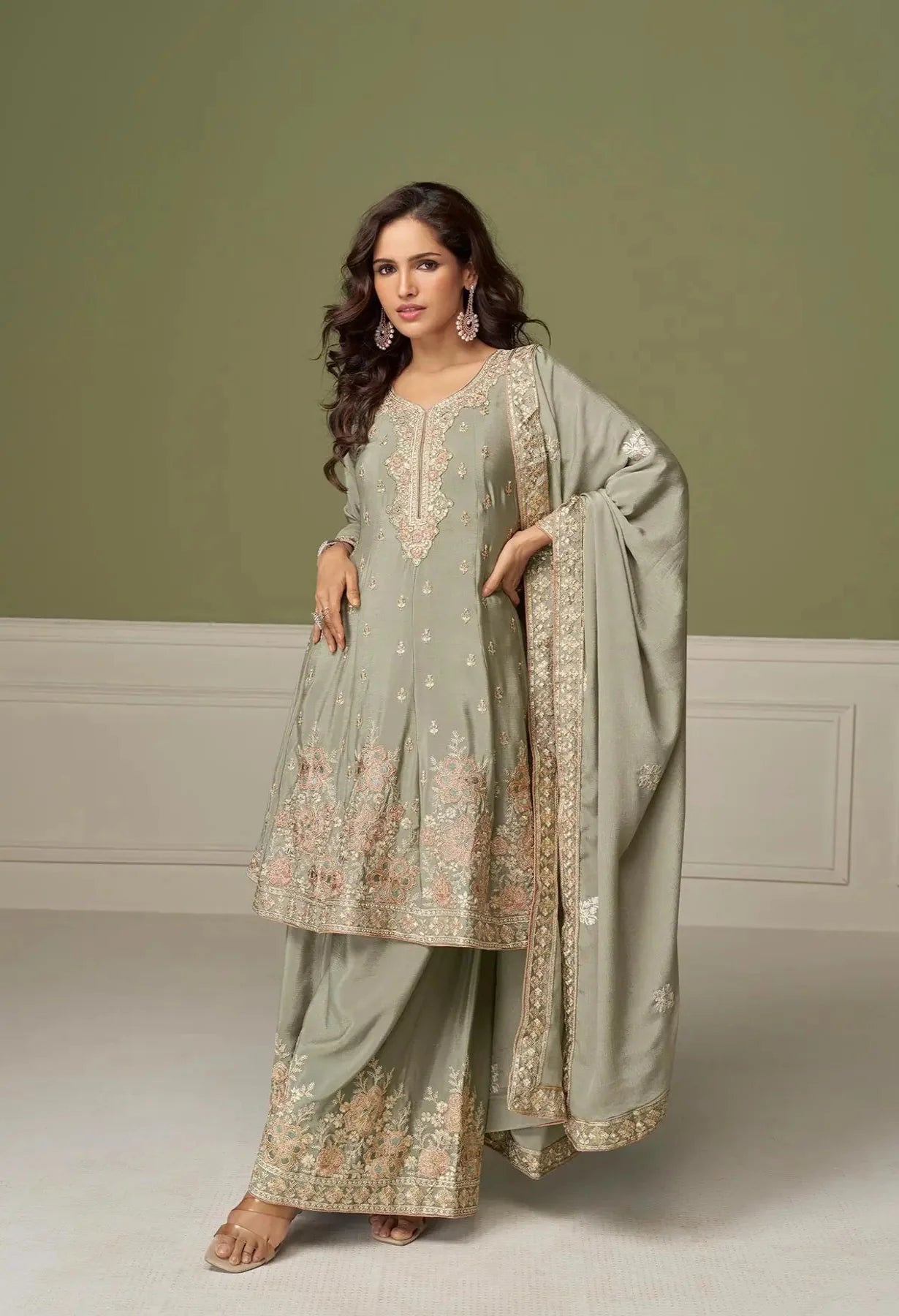 Olive Grey Chinon Silk Embroidery Work Palazzo Suit - qivii