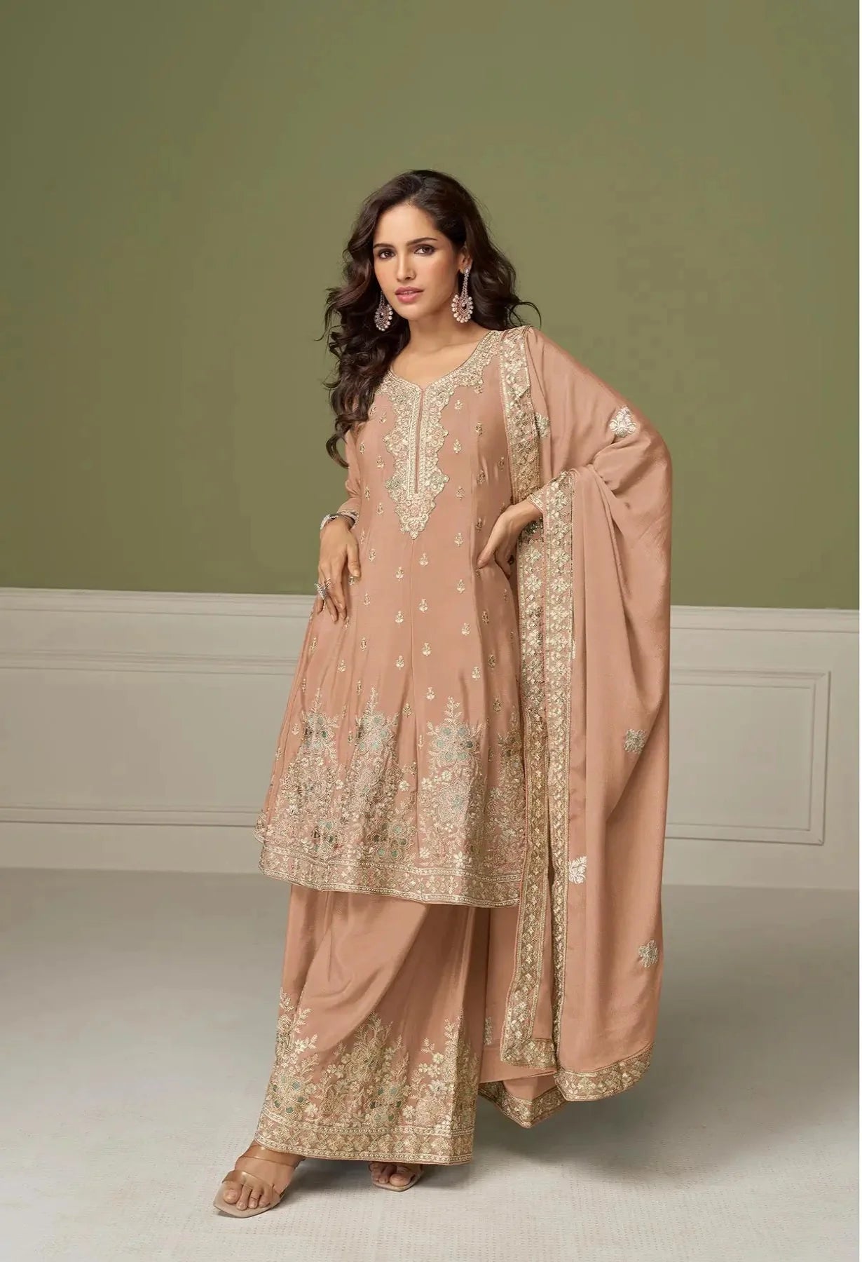 Dusty Peach Chinon Silk Embroidery Work Palazzo Suit - qivii