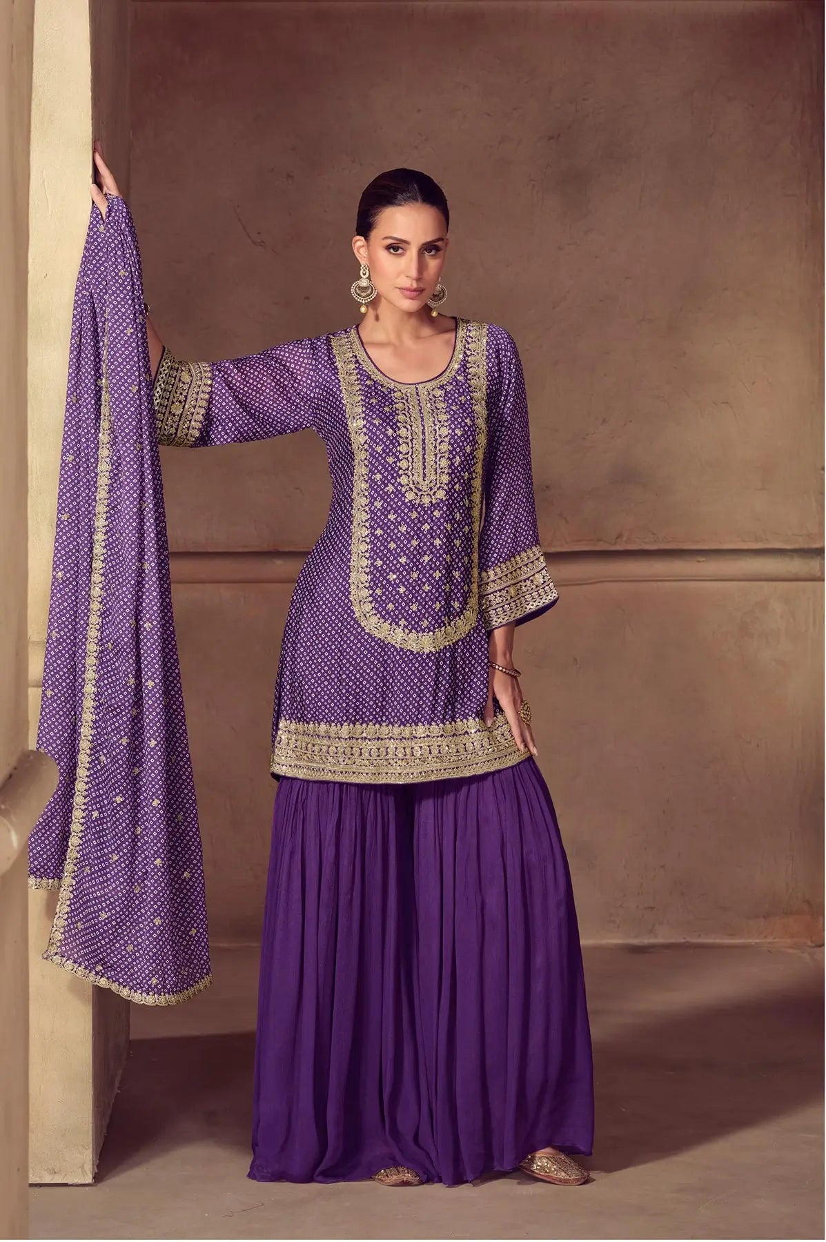 Plum Purple Chinon Silk Print & Embroidery Work Sharara Suit - qivii