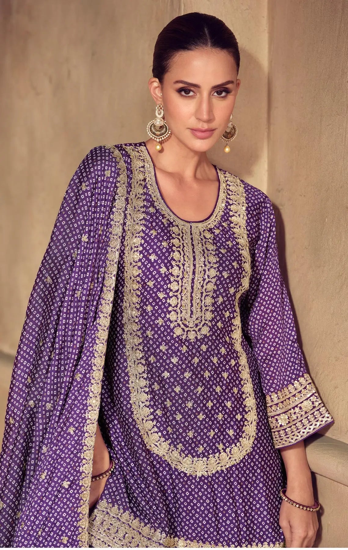 Plum Purple Chinon Silk Print & Embroidery Work Sharara Suit - qivii