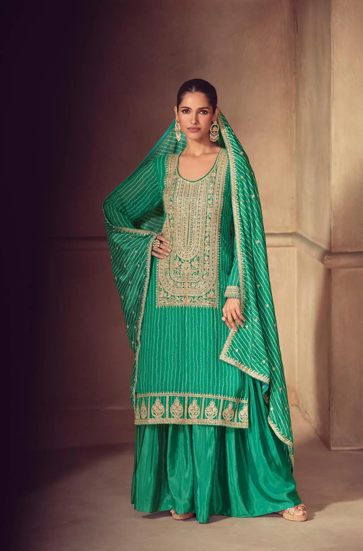 Pine Green Chinon Silk Print & Embroidery Work Sharara Suit - qivii