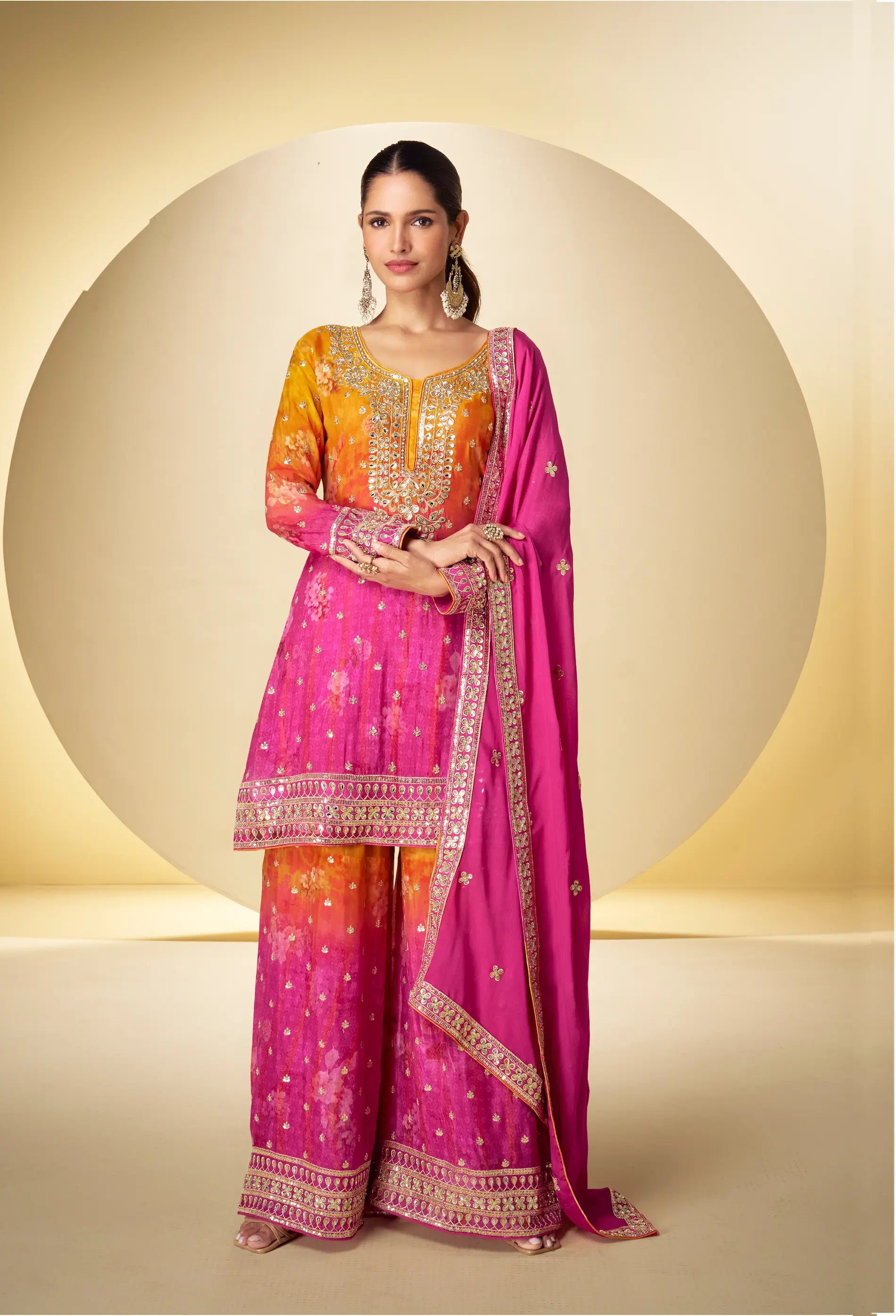 Hot Pink Chinon Silk Palazzo Set With Print, Embroidery & Hand Work - qivii