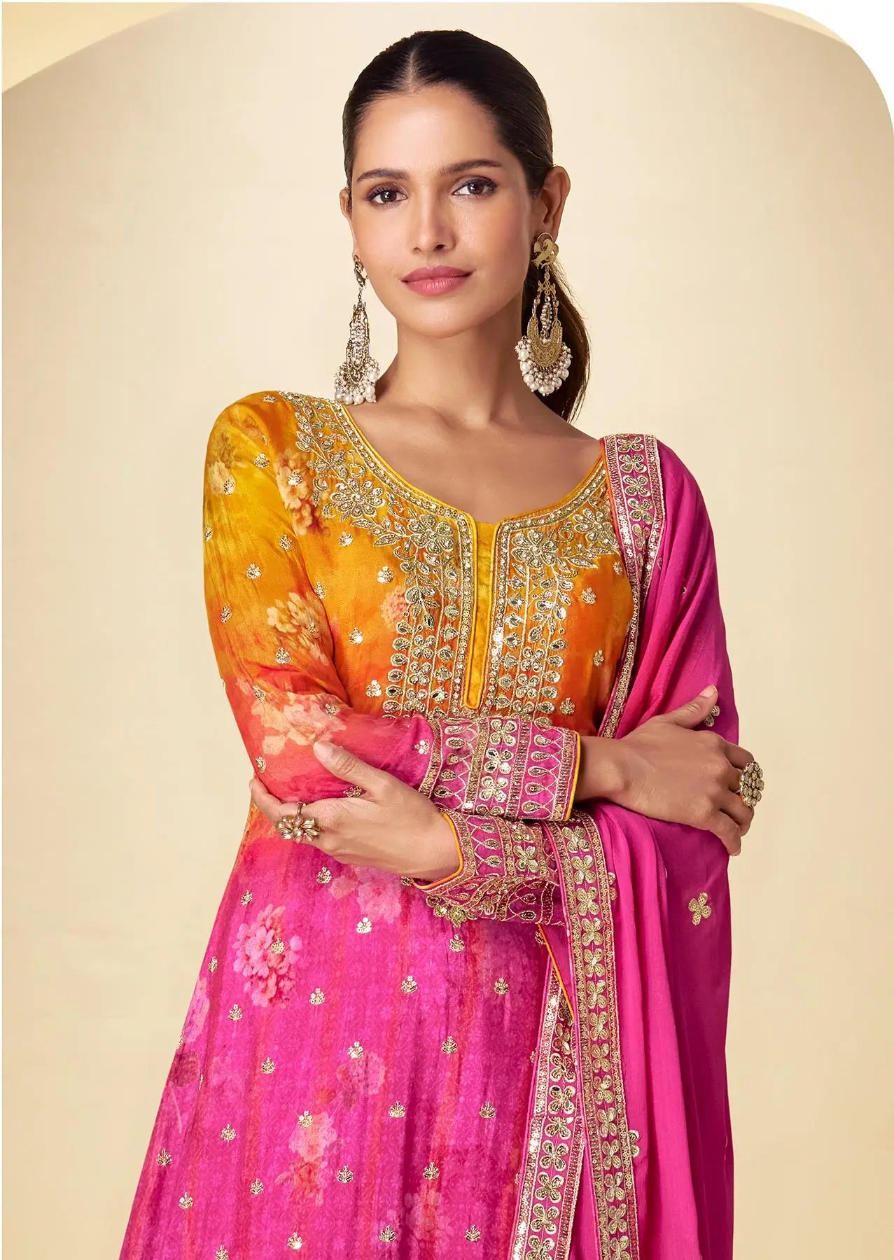 Hot Pink Chinon Silk Palazzo Set With Print, Embroidery & Hand Work - qivii