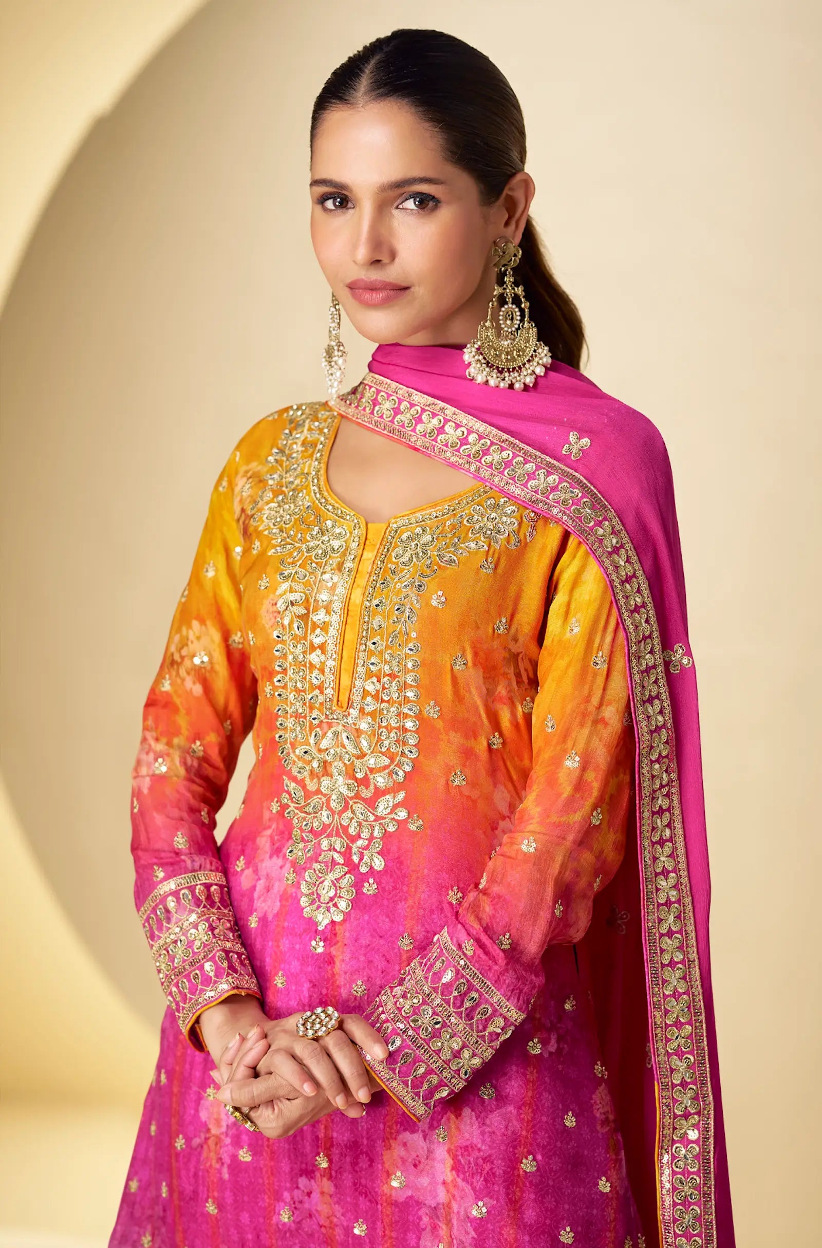 Hot Pink Chinon Silk Palazzo Set With Print, Embroidery & Hand Work - qivii