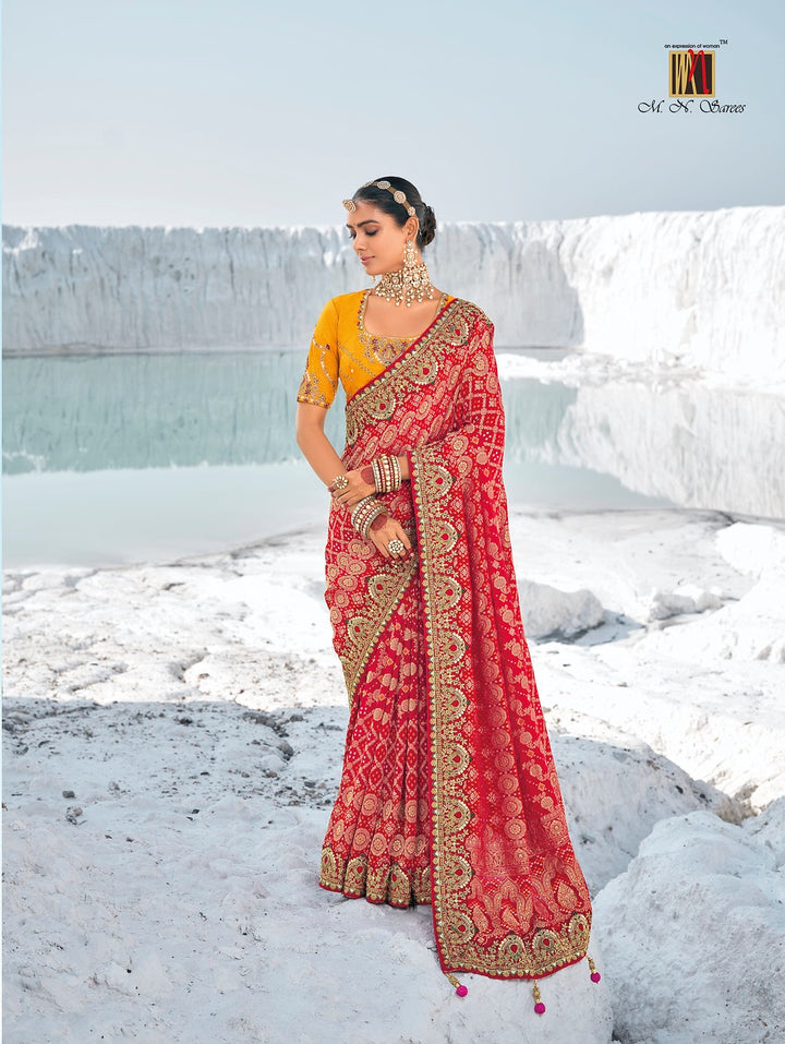 RED PURE GEORGETTE BANDANI PATOLA WITH ZARI WEAVING HEAVY WORK SAREE