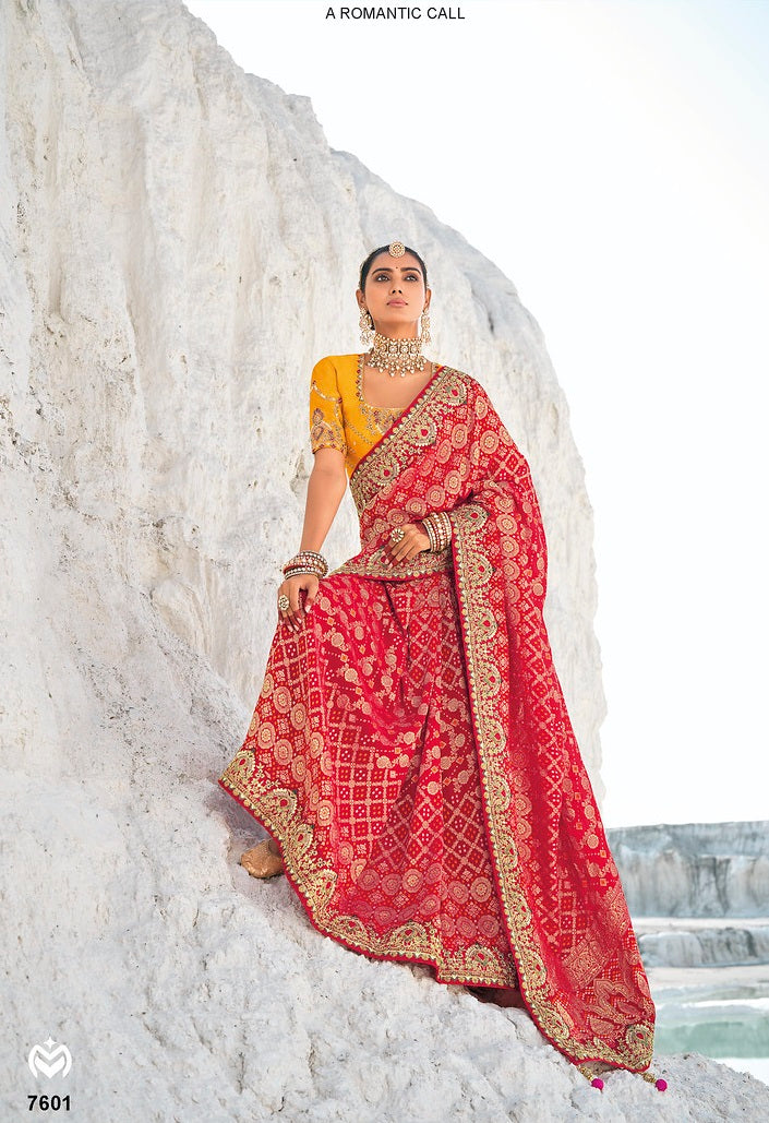 RED PURE GEORGETTE BANDANI PATOLA WITH ZARI WEAVING HEAVY WORK SAREE