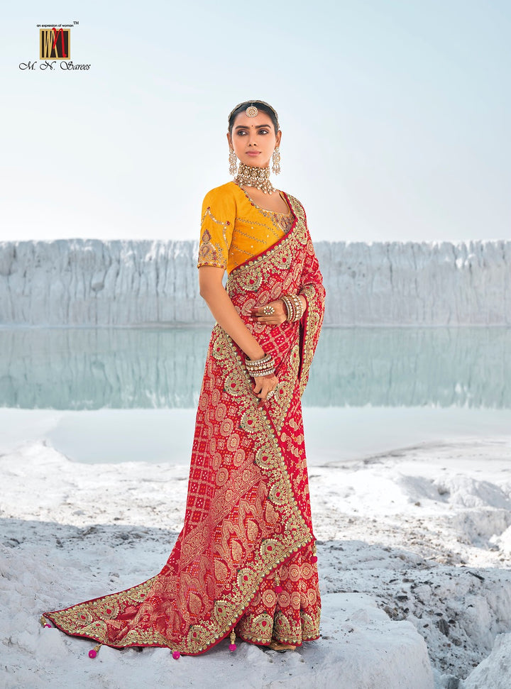 RED PURE GEORGETTE BANDANI PATOLA WITH ZARI WEAVING HEAVY WORK SAREE