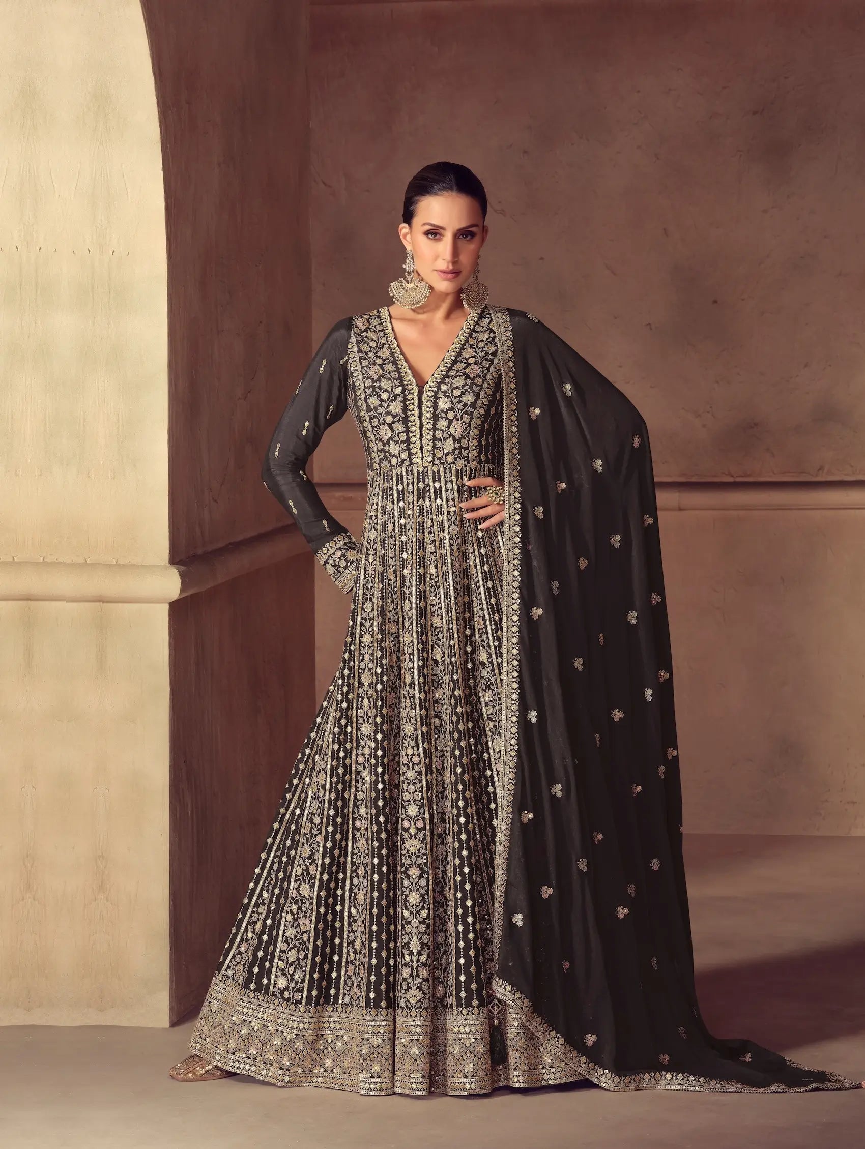 Charcoal Grey Chinon Silk Embroidery Gown - qivii