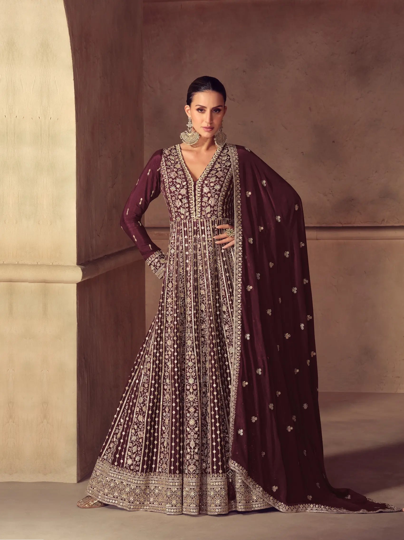 Congo Brown Chinon Silk Embroidery Gown - qivii
