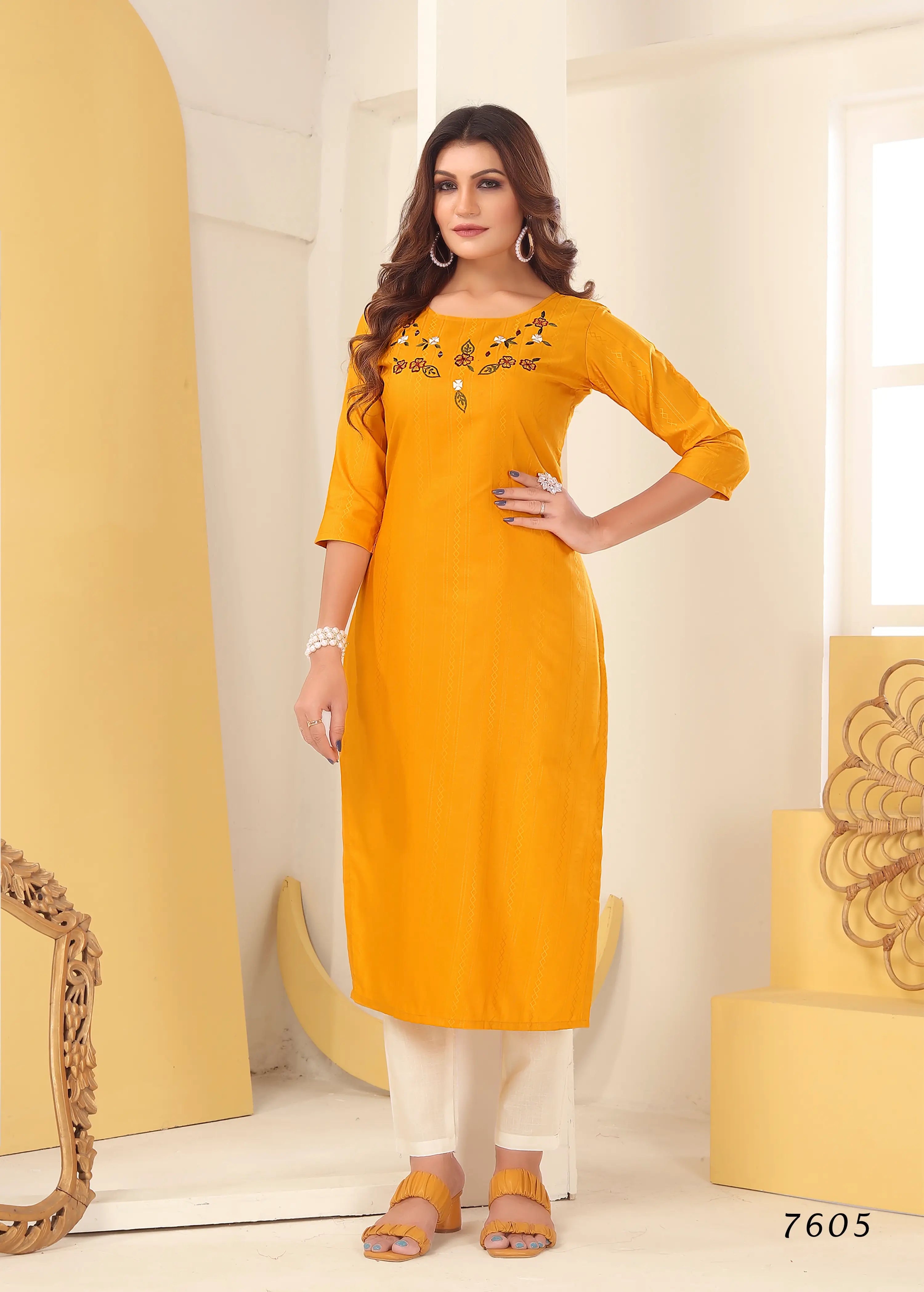 Yellow Silk Straight Kurta Set with Handmade Embroidery - qivii