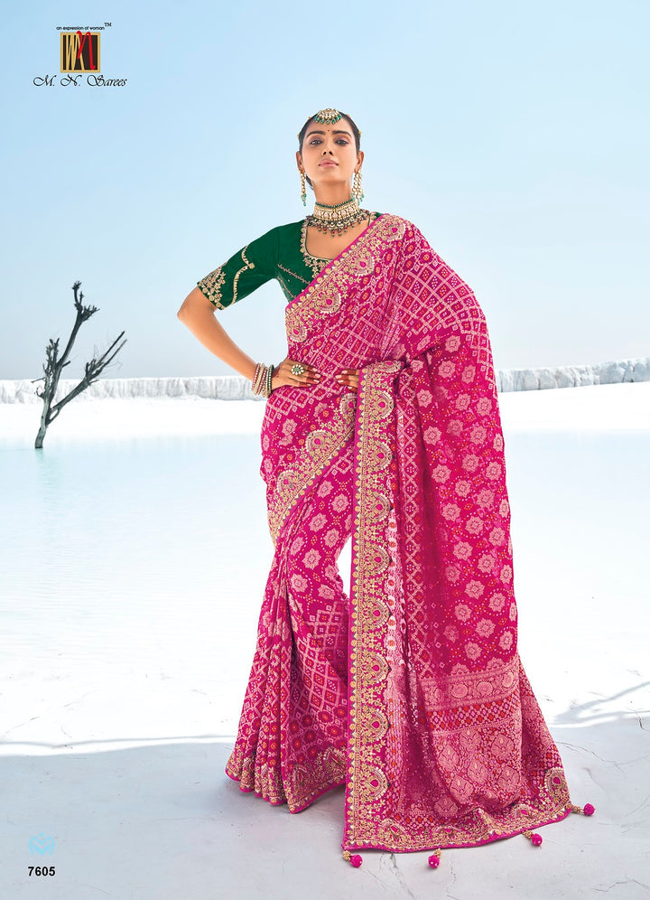 PINK PURE GEORGETTE BANDANI PATOLA WITH ZARI WEAVING HEAVY WORK SAREE