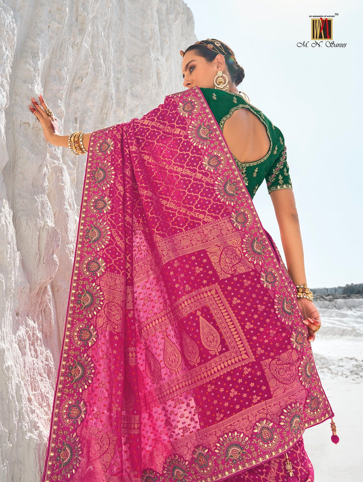 PINK PURE GEORGETTE BANDANI PATOLA WITH ZARI WEAVING HEAVY WORK SAREE