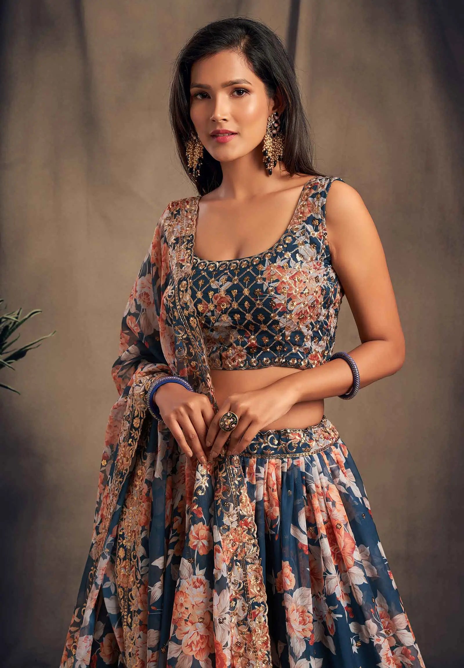Teal Blue Floral Print Organza Lehenga With Sequins Work