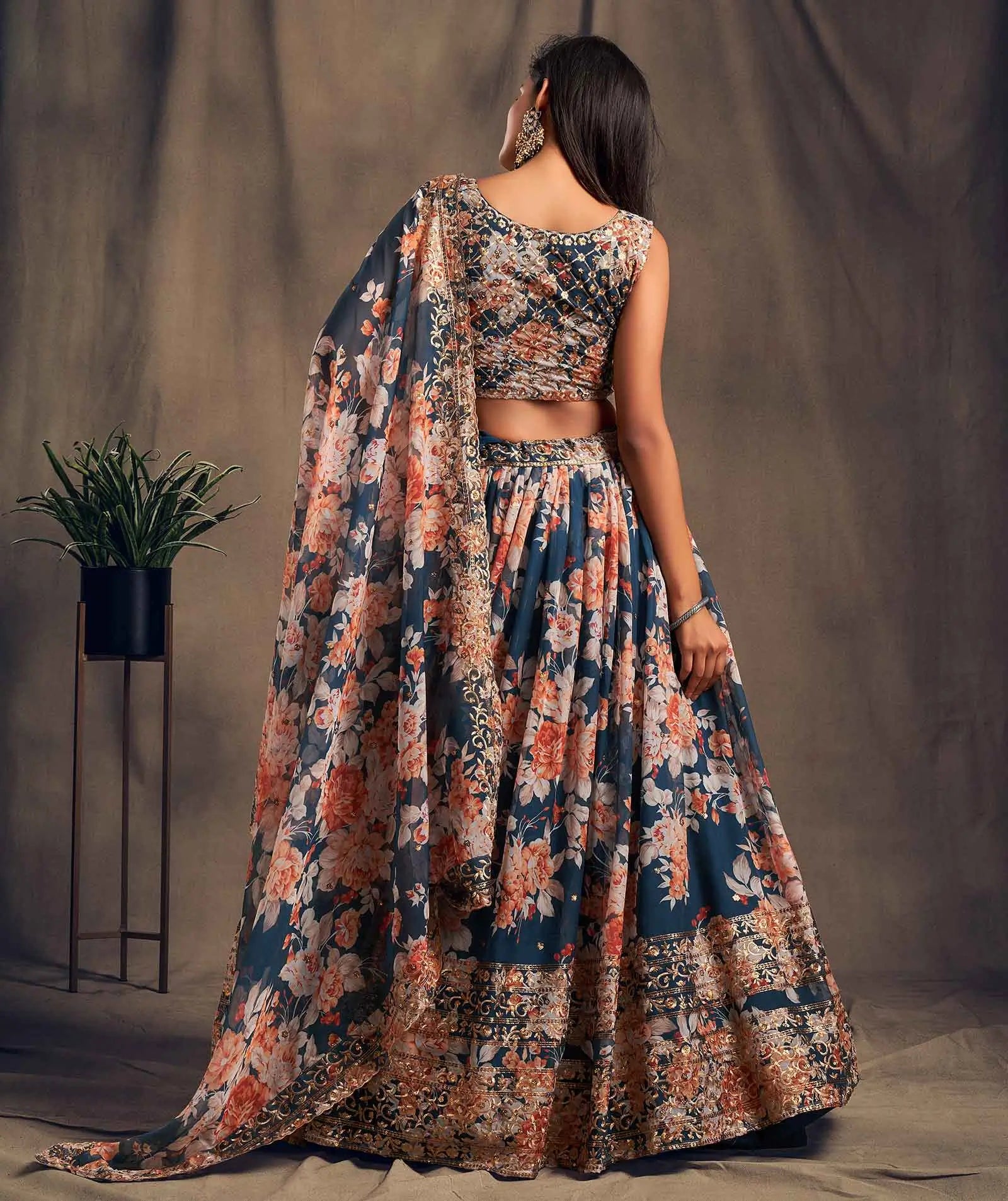 Teal Blue Floral Print Organza Lehenga With Sequins Work