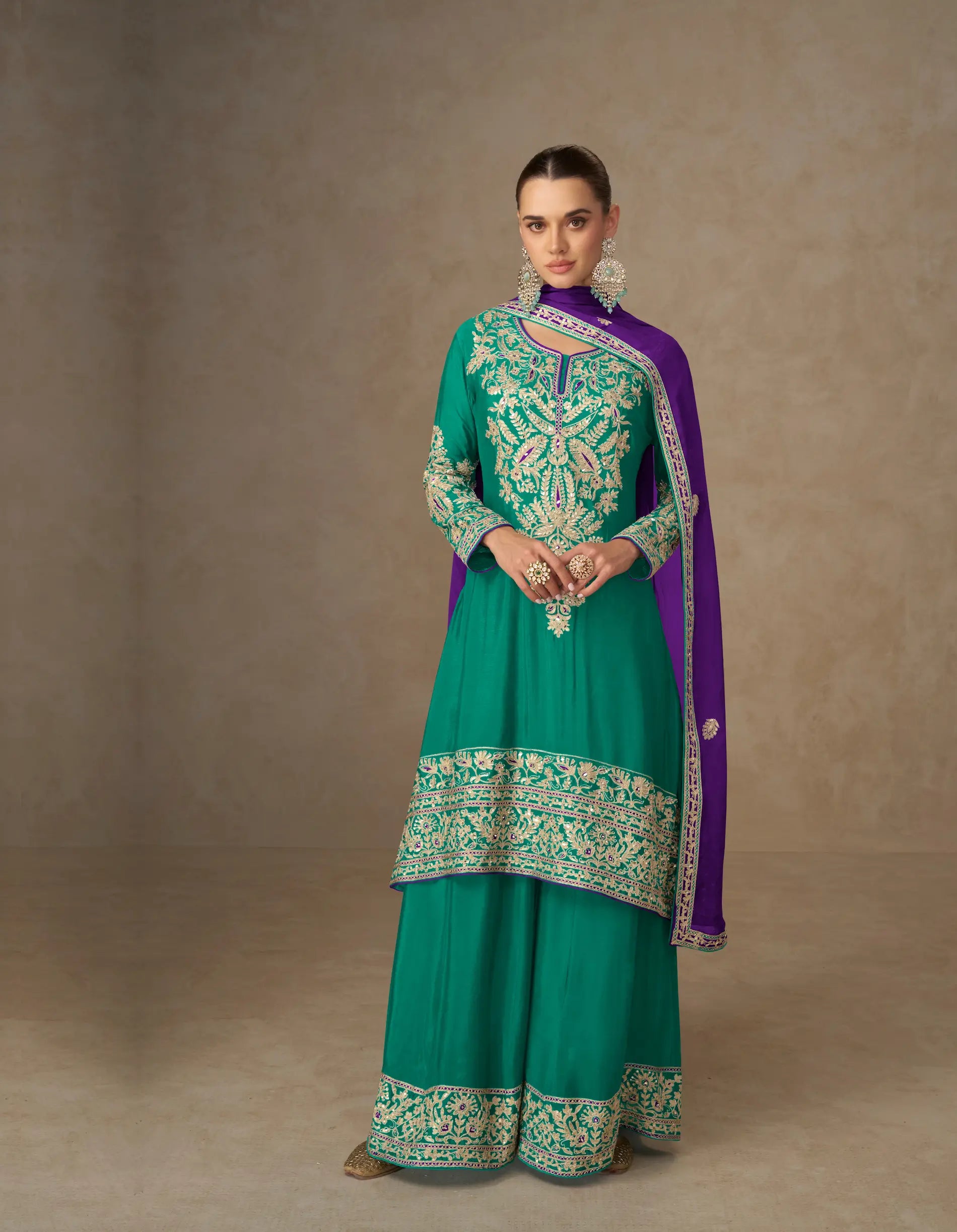 Pine Green Chinon Silk Embroidery Palazzo Suit - qivii