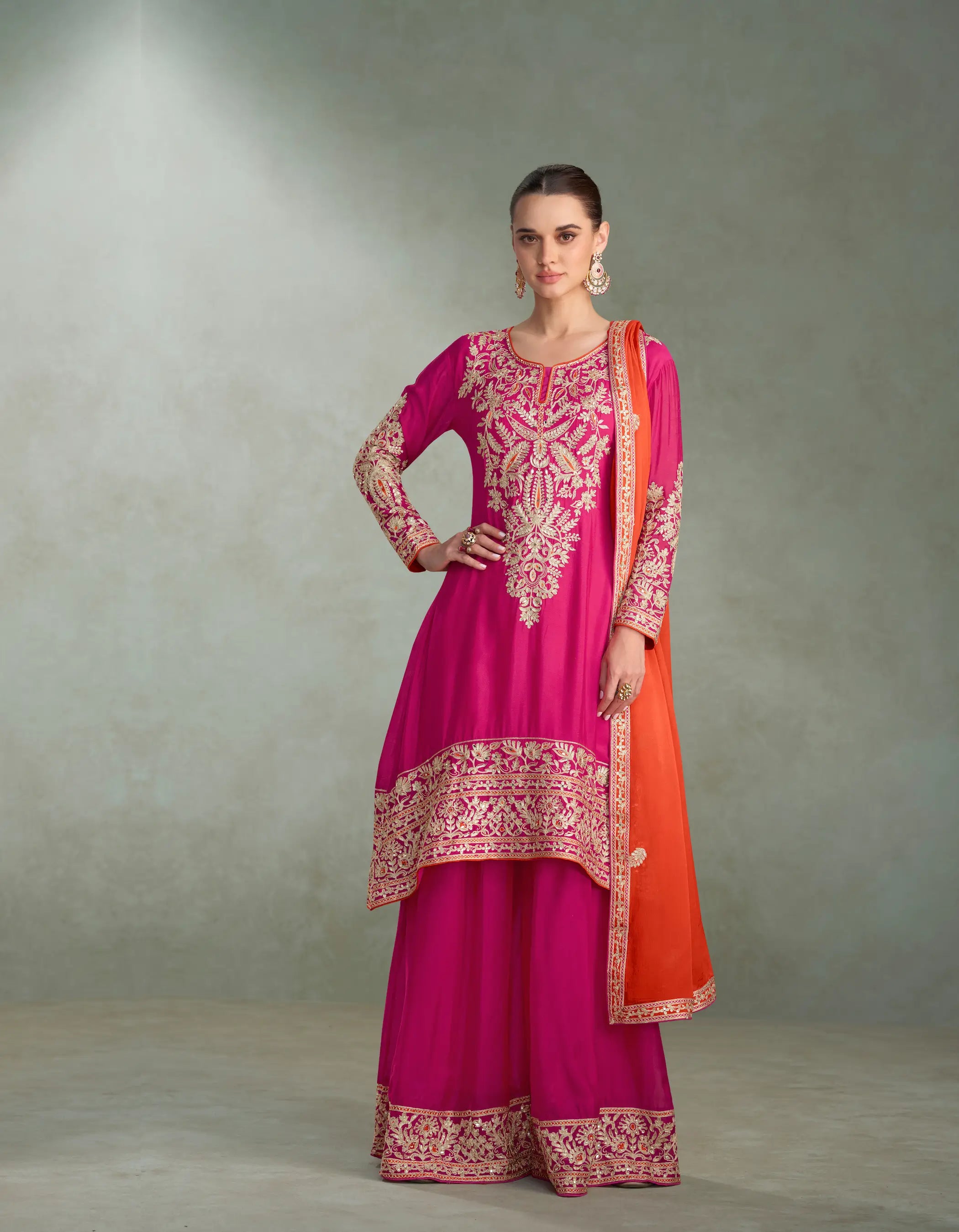 Hot Pink Chinon Silk Embroidery Palazzo Suit - qivii