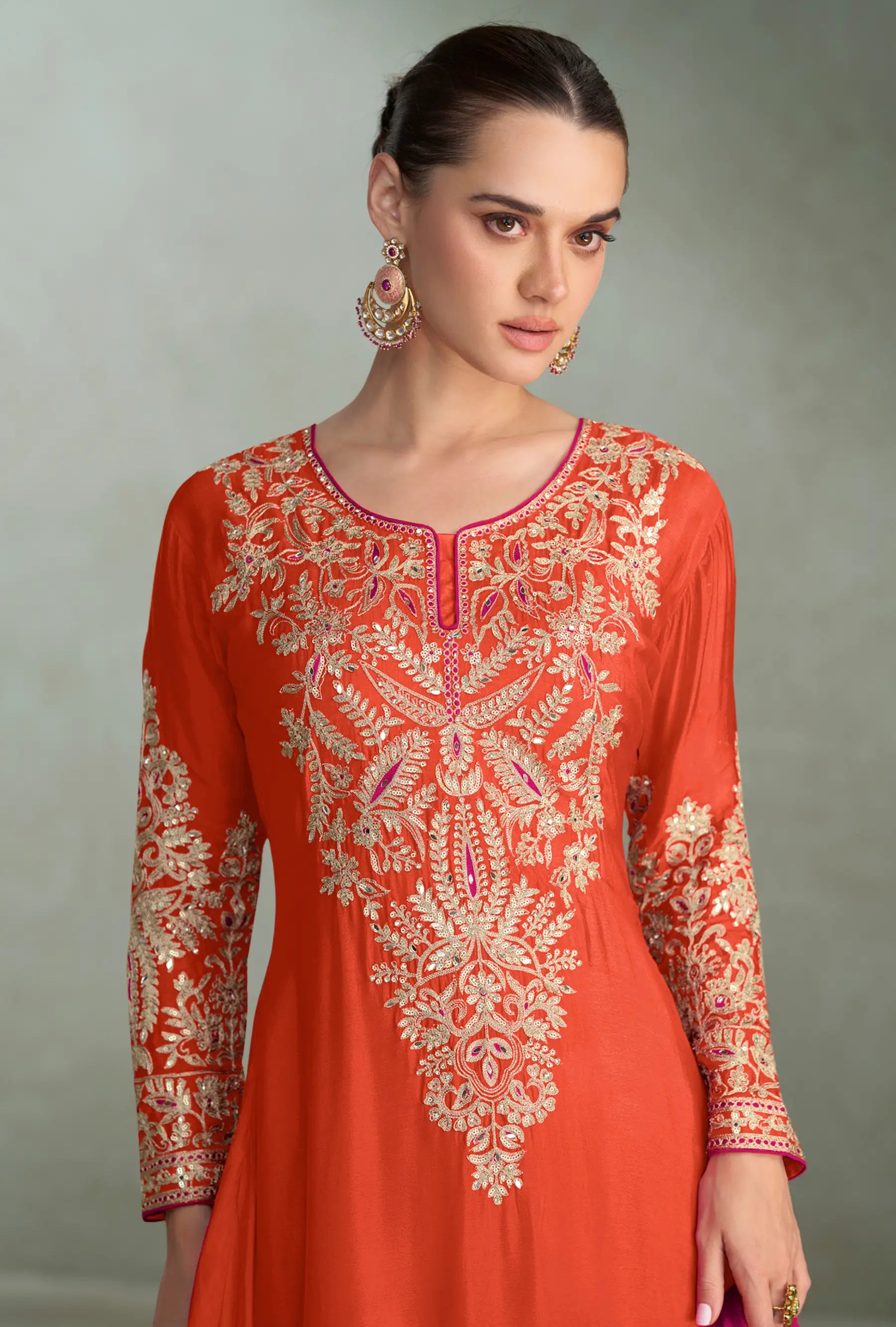 Vivid Orange Chinon Silk Embroidery Palazzo Suit - qivii