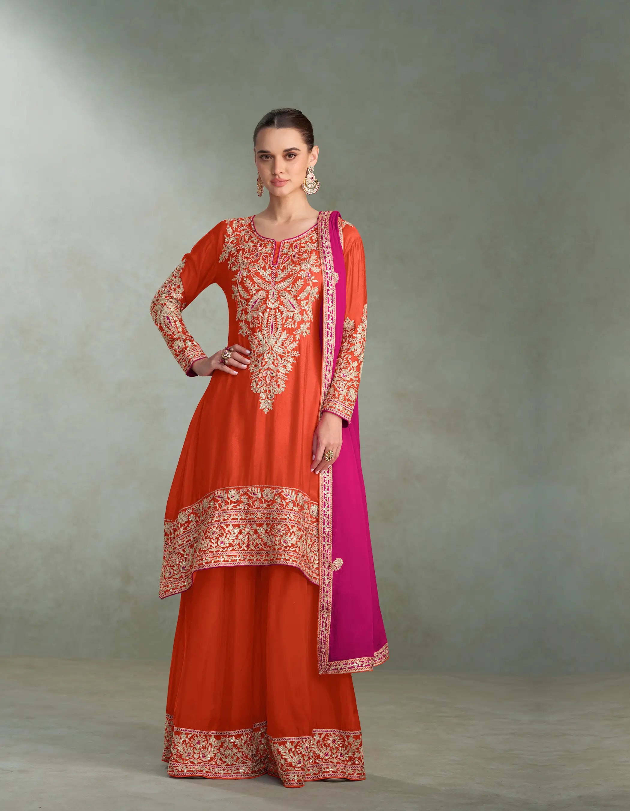 Vivid Orange Chinon Silk Embroidery Palazzo Suit - qivii