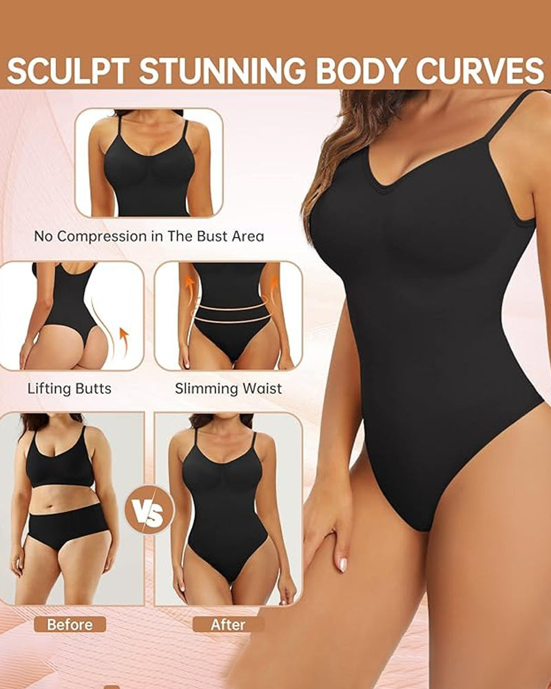 Seamless Round Neck Tummy Control Thong Tank Top Body Shaper Bodysuits  - By Qivii