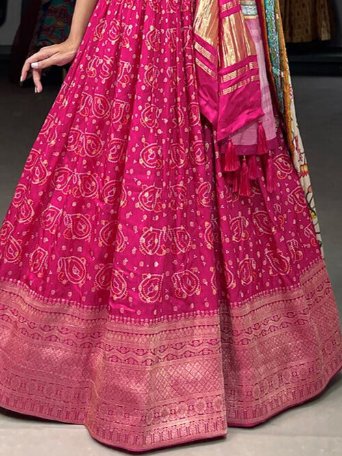 Viscose Dola Silk Printed With Zari Weaving Work Lehenga Choli in Royal Pink Color