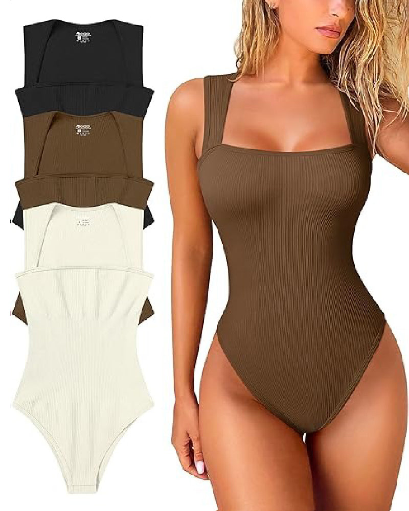 Shapshe® Square Neck Sleeveless Knit Ribbed Seamless Tummy Control Tank Tops Bodysuit  - By Qivii