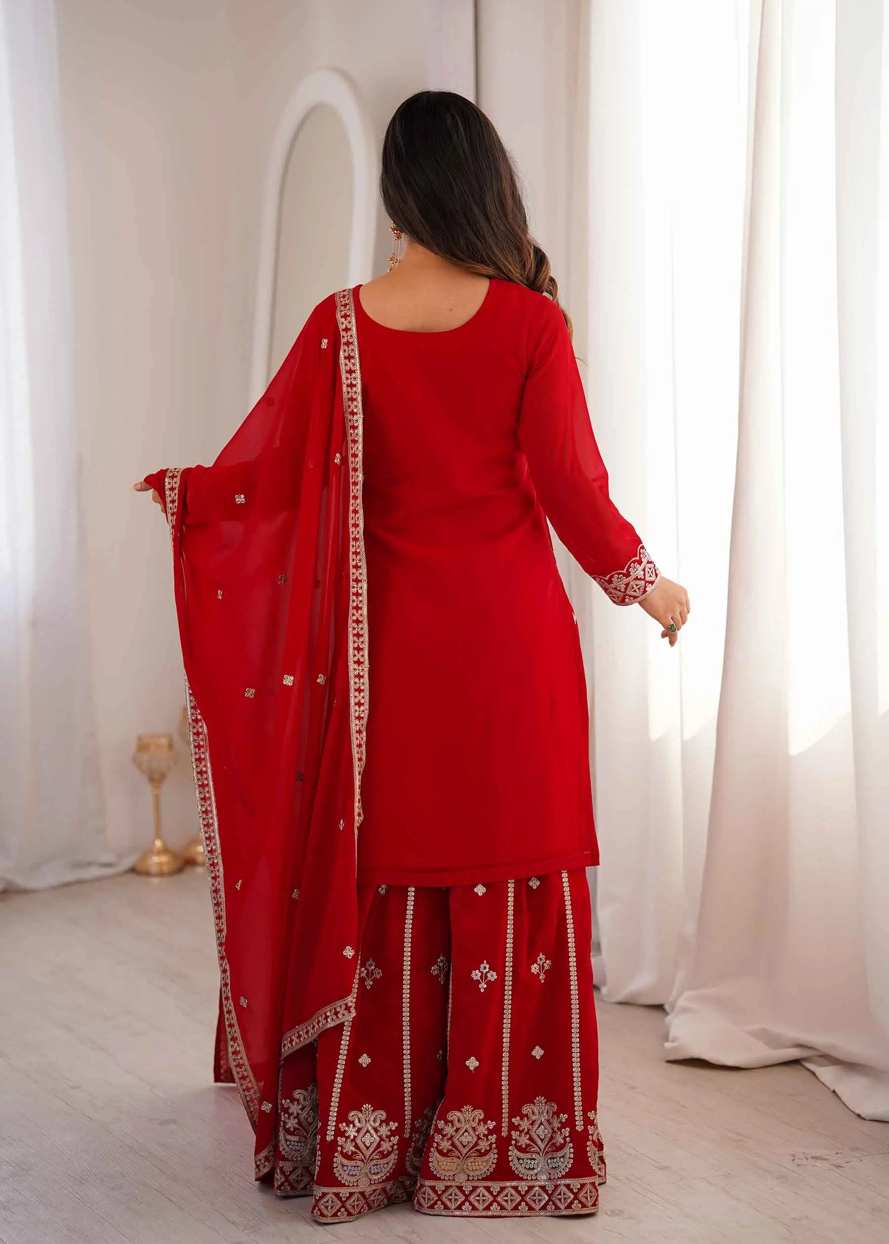 Red Embroidered Georgette Sharara Set