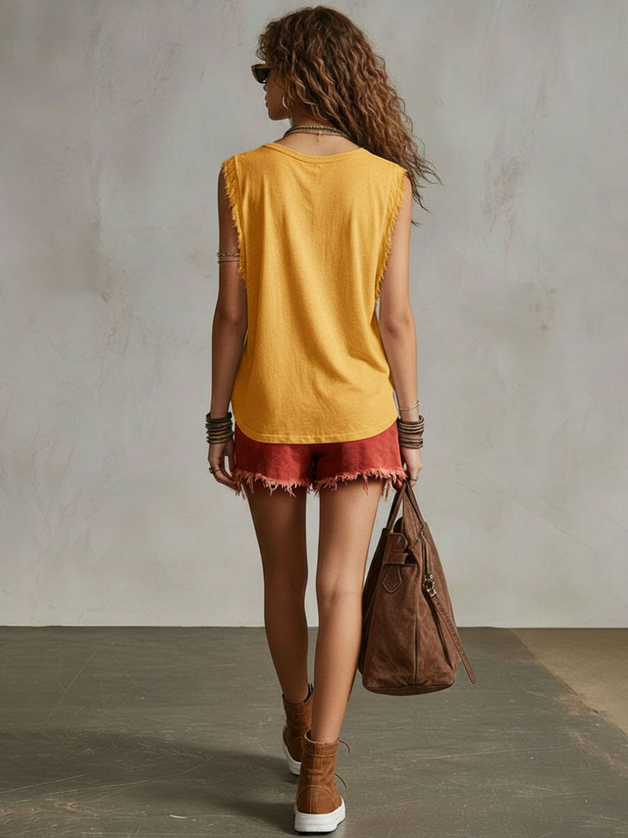 Western Retro Frayed Camel Denim Mini Skirt And Shorts