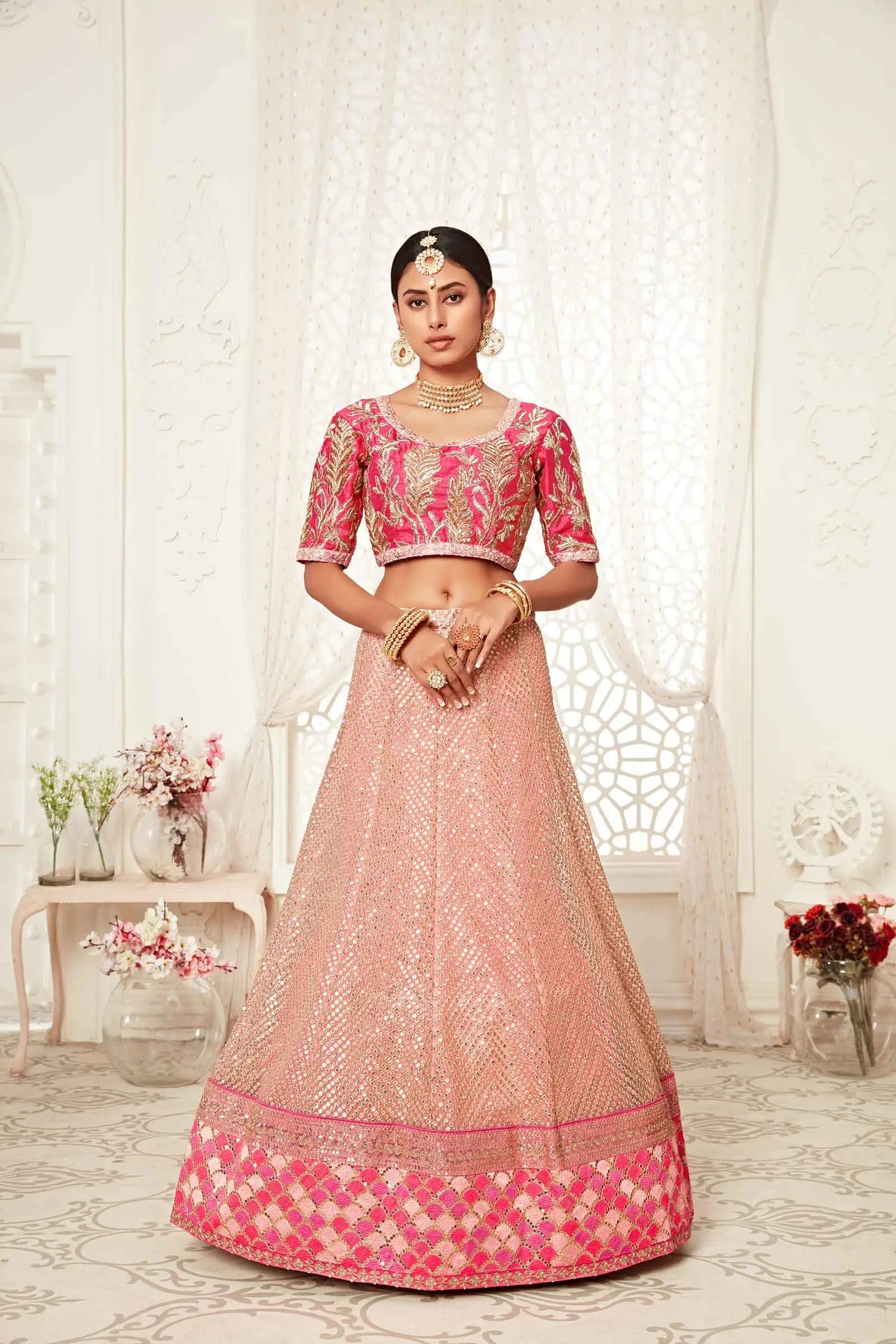 Flamingo Pink Soft Net Lehenga With Thread Dori Zari And Sequins Embroidery Work | Ready To Wear - qivii