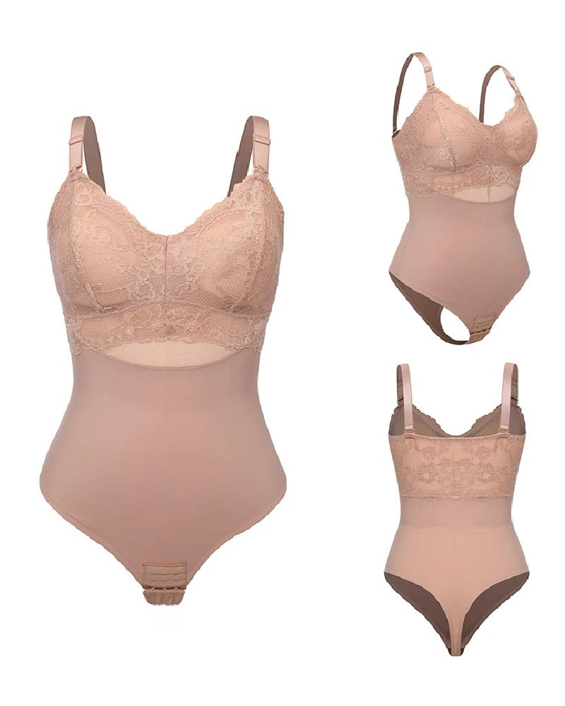 Seamless Lace Slimming Waist Bodysuit Tummy Control Thong Shapewear With Bra  - By Qivii