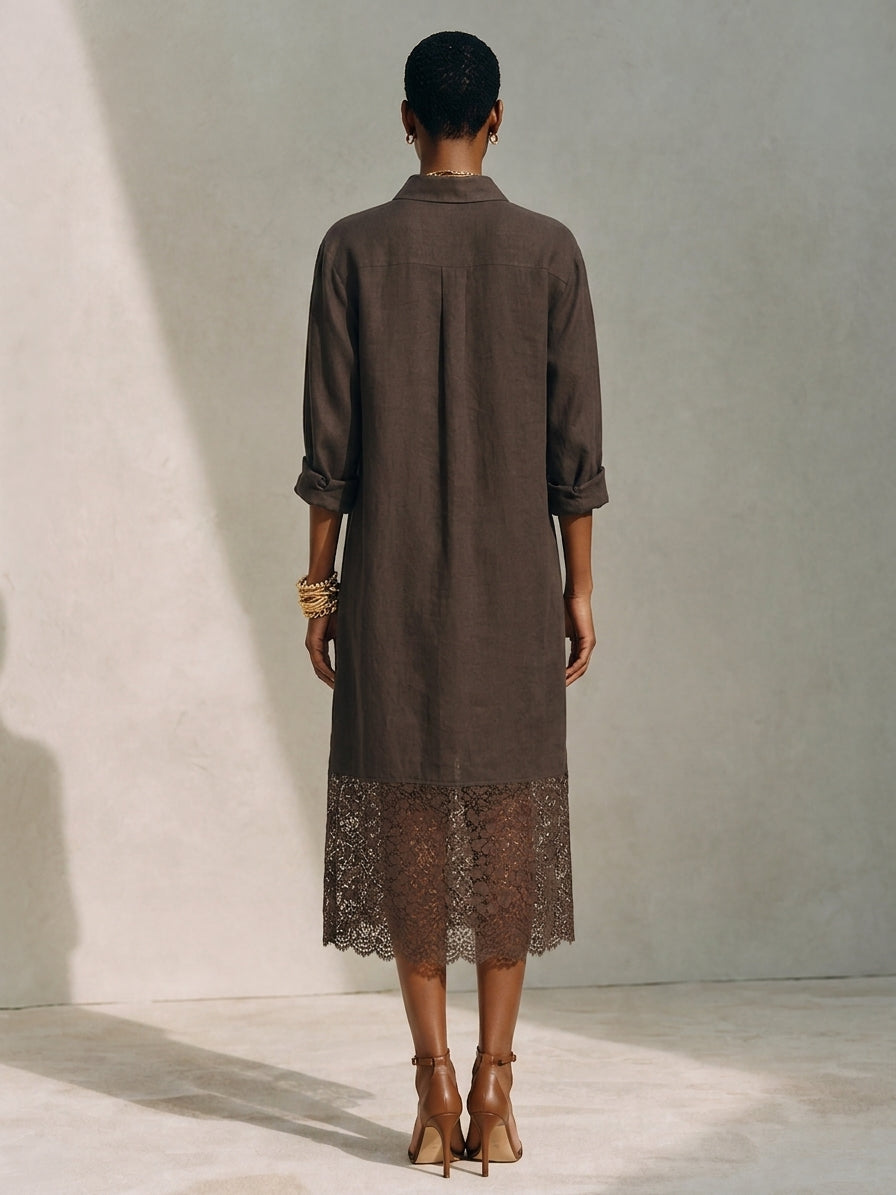 Women's Minimalist Solid Brown Linen & Lace-Panel Midi Shirt Dress MDZ0684G8ZRK