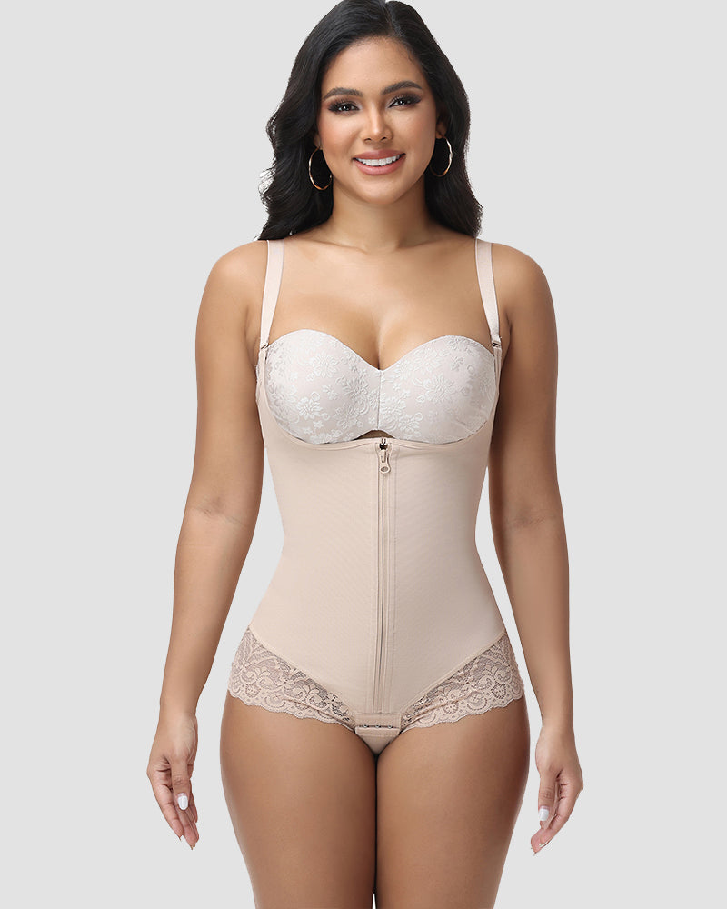 Shapshe® Lace Trim Double Compression Shapewear Bodysuit  - By Qivii