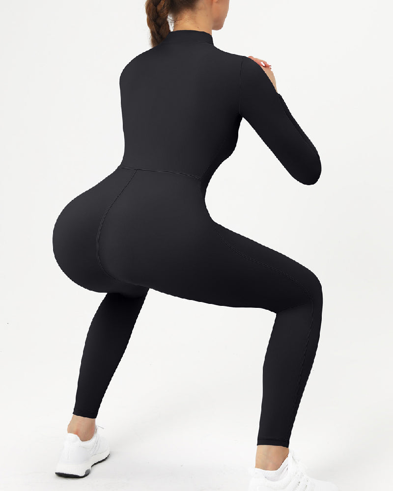 Zip Up Long Sleeve Fleece Skinny Jumpsuit Winter Thermal One-piece Fitness Bodysuit  - By Qivii