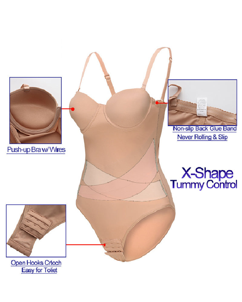Women's Strapless Built-in Bra X Cross Tummy Control Bodysuit  - By Qivii
