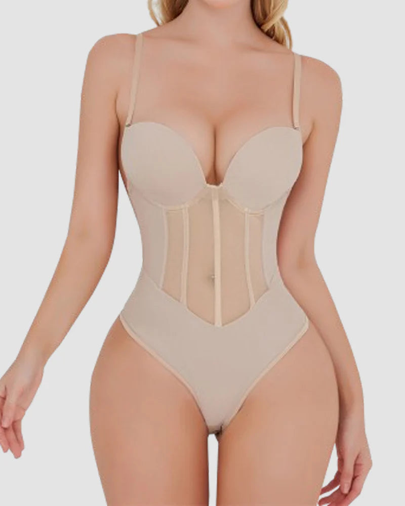 Women's Tummy Control Thong Sheer Mesh Corset Top Backless Bodysuits  - By Qivii