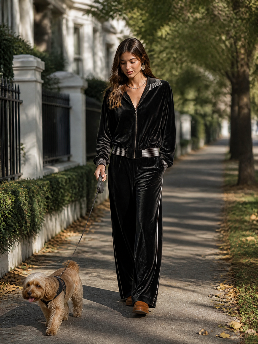 Women's Collared Zip Contrast-Rib Long-Sleeve Jacket And Wide-Leg Pants Velvet Set MDZ0725I8CMX