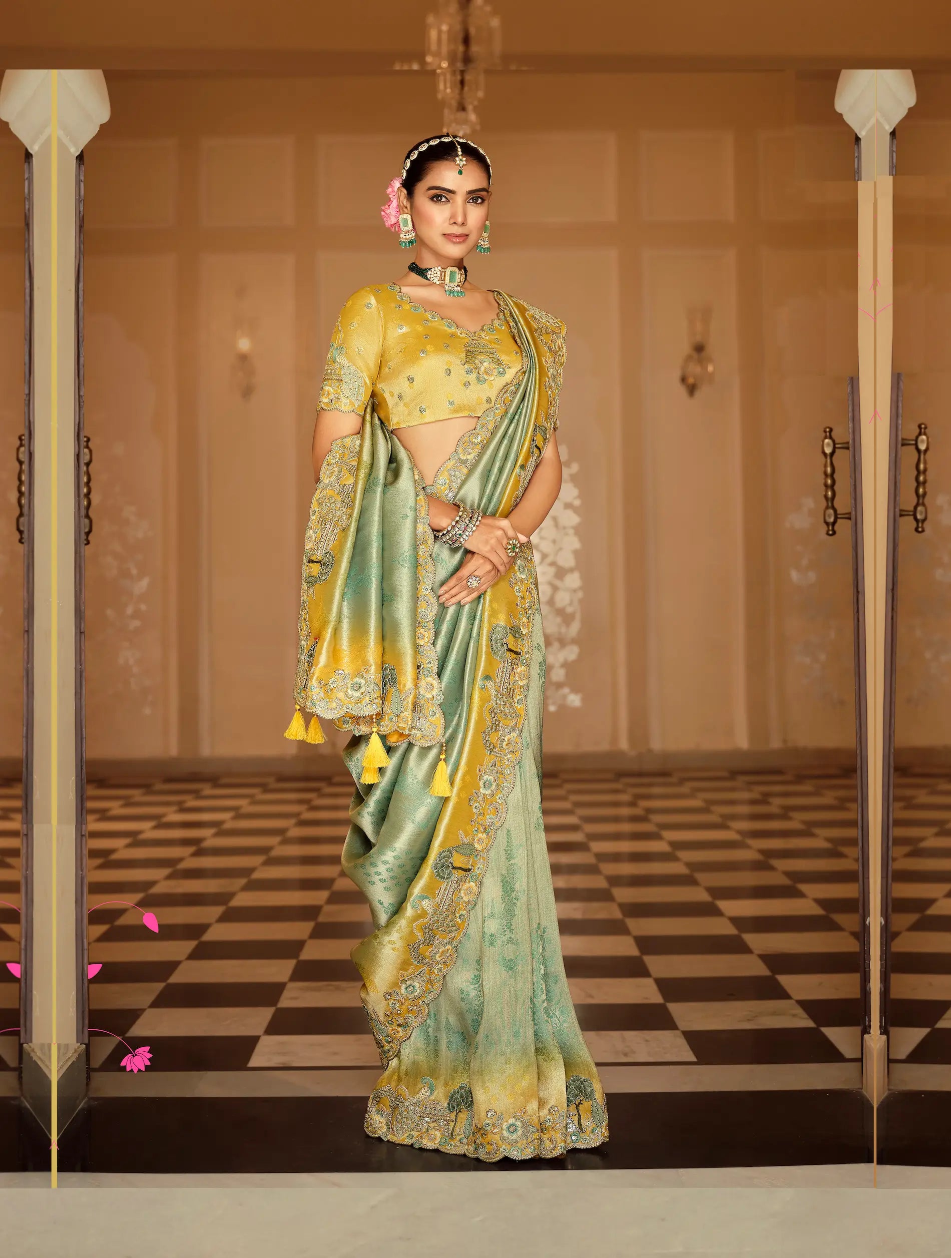 Sea Green Jacquard Silk Embroidery & Hand Work Saree - qivii