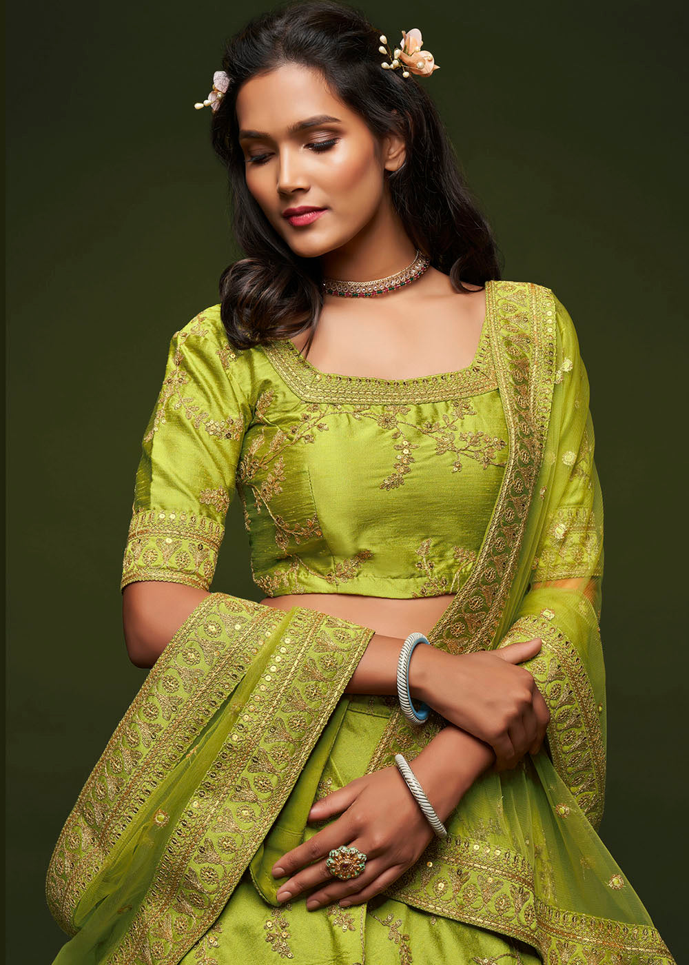Avocado Green Silk Lehenga Choli with Thread,Zari,Dori & Sequins work | Ready To Wear - qivii
