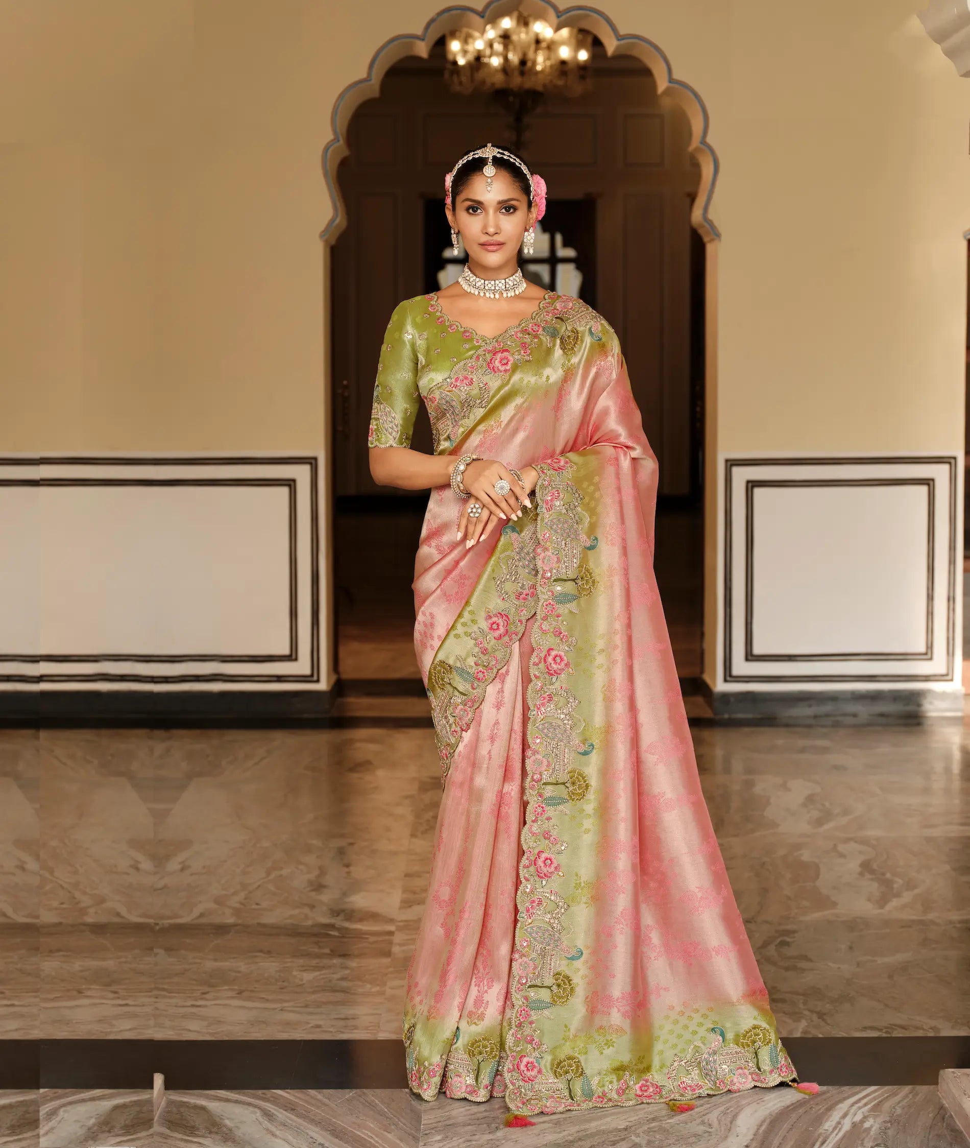 Sweet Pink Jacquard Silk Embroidery & Hand Work Saree - qivii