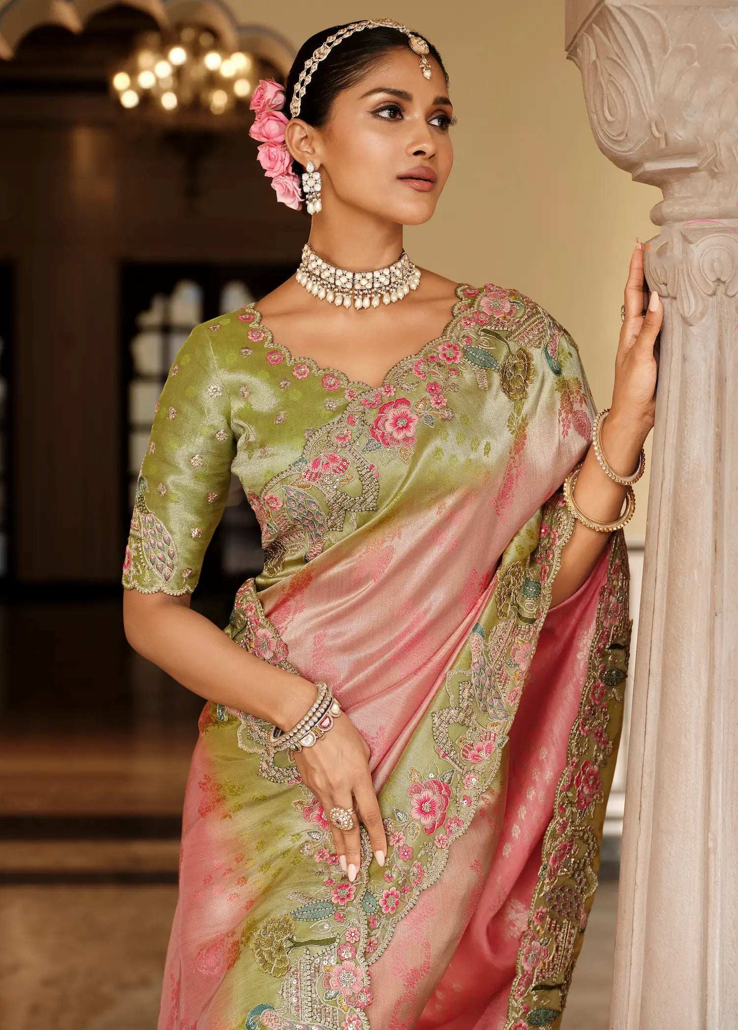 Sweet Pink Jacquard Silk Embroidery & Hand Work Saree - qivii