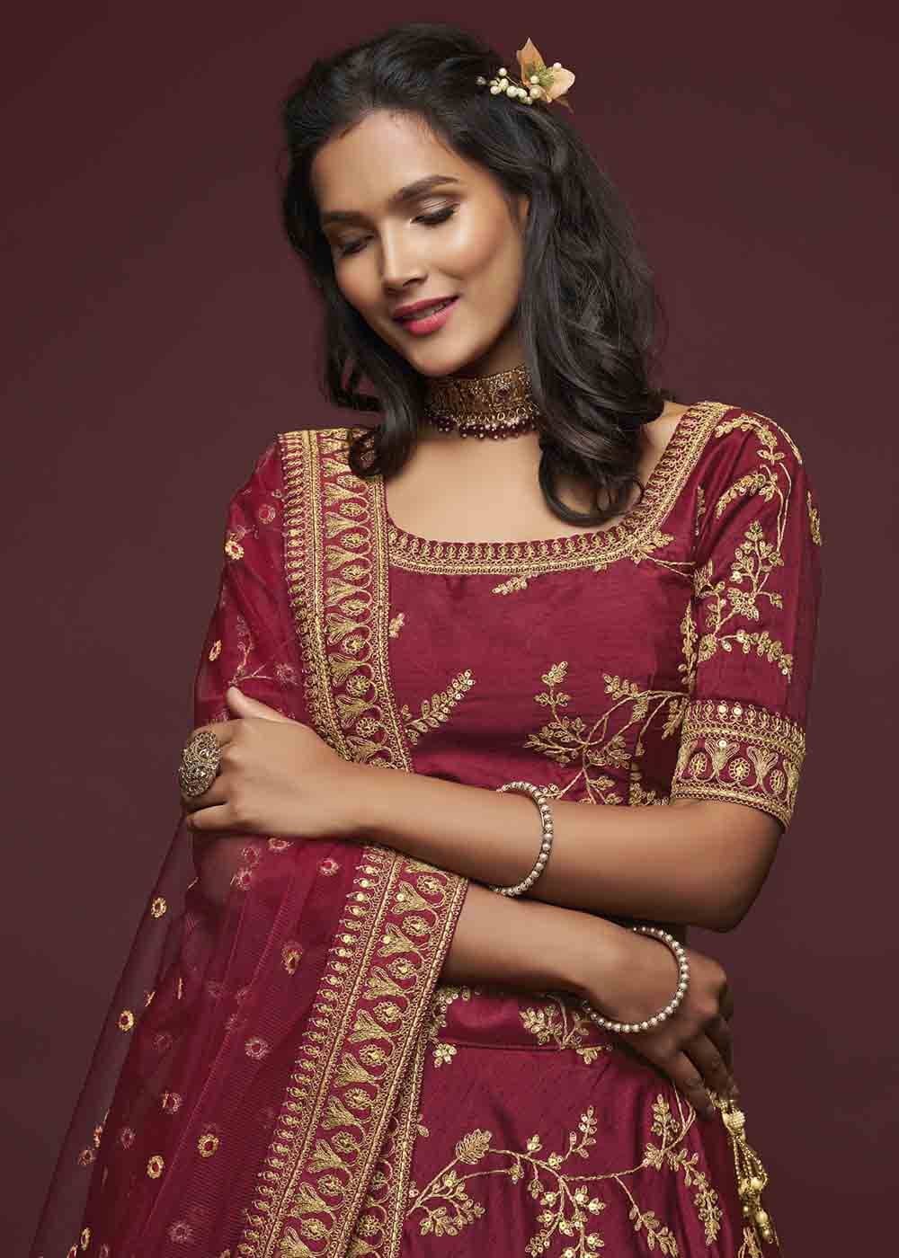 Barn Red Silk Lehenga Choli with Thread,Zari,Dori & Sequins work | Ready To Wear - qivii
